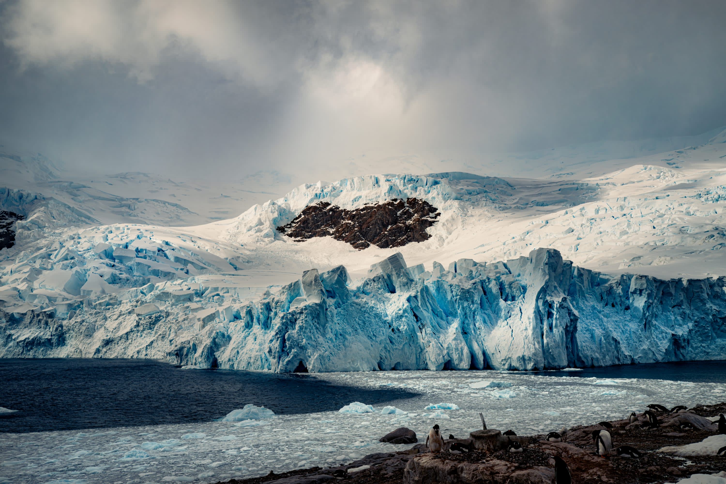 A frozen and rugged coastline partly obscured by low clouds