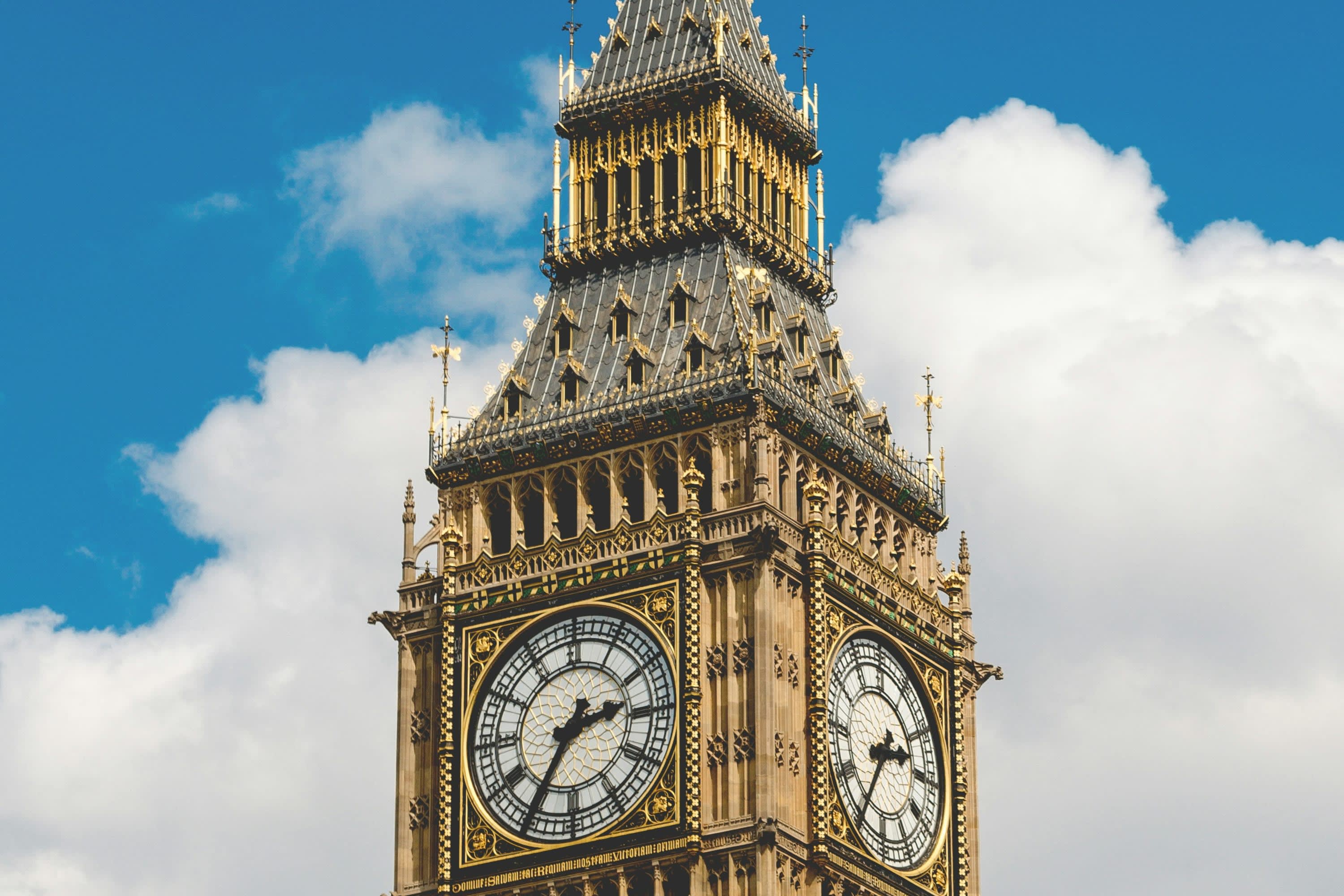 A close look at the clock face of Big Ben in London
