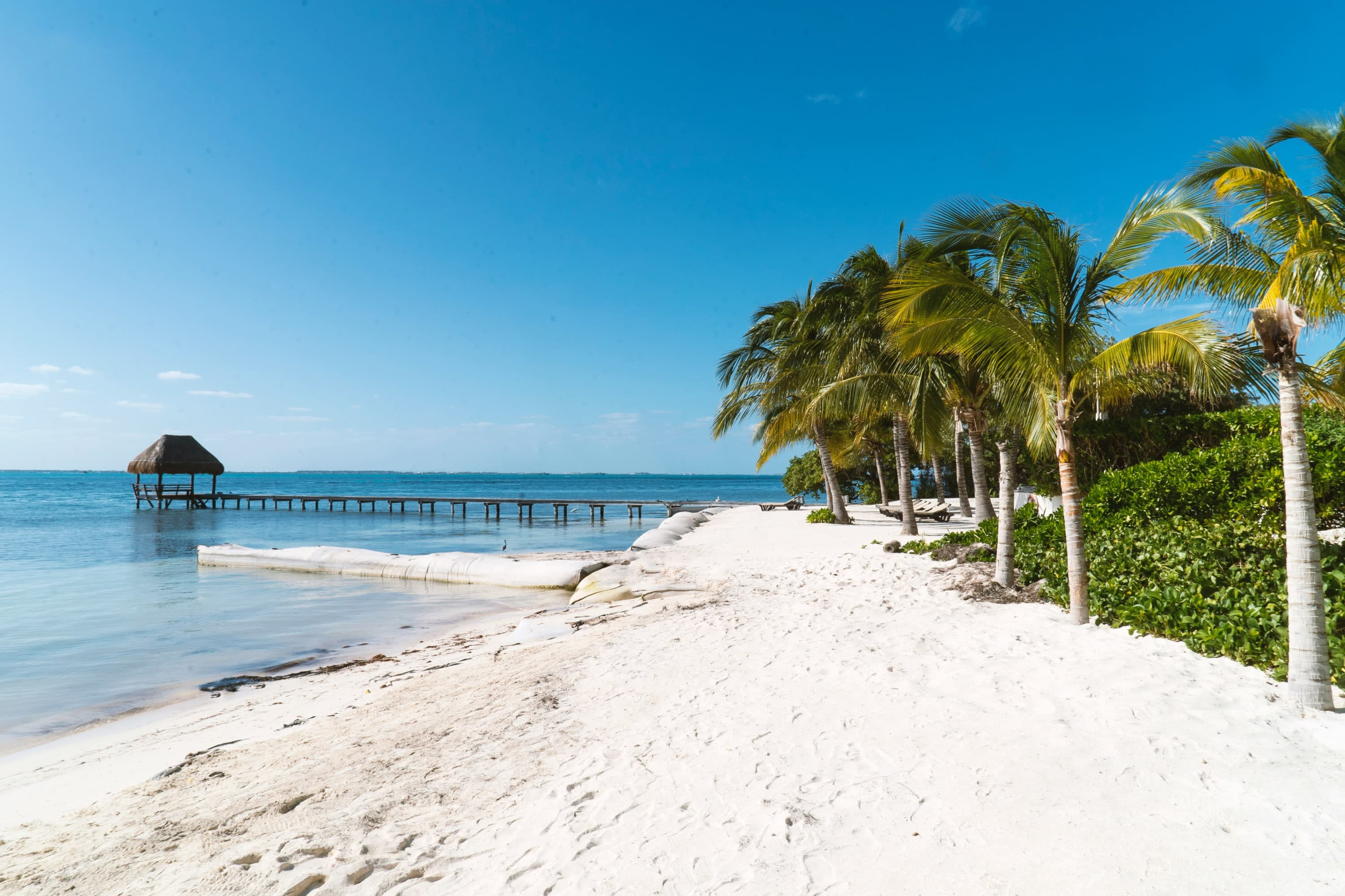 White sands, palm tree-lined vegetation and calm waves with a bungalow at the end of a pier