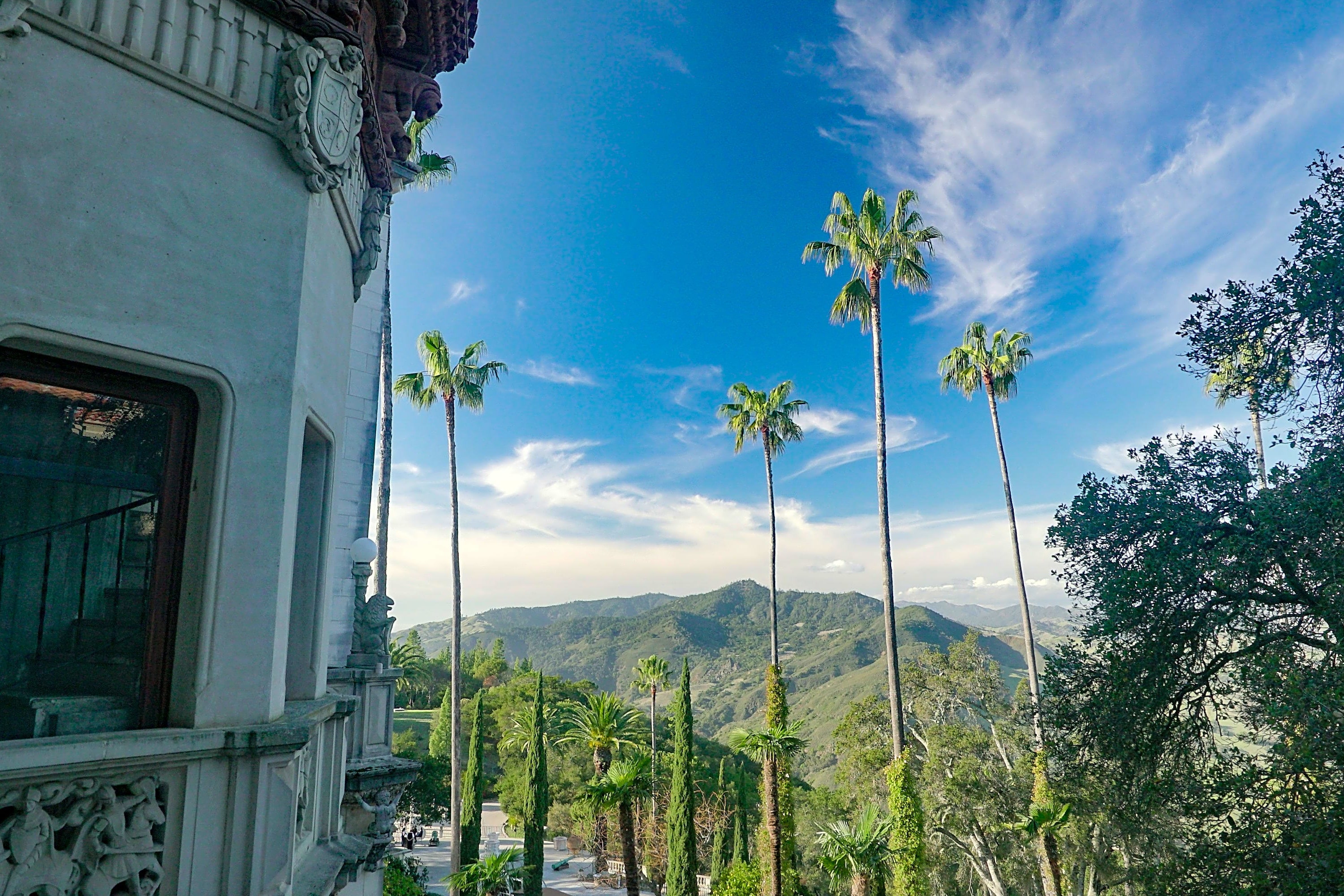 View from Hearst Castle, partially revealing some of the castle's ornate architecture, prominently focusing on the surrounding palm trees and hills