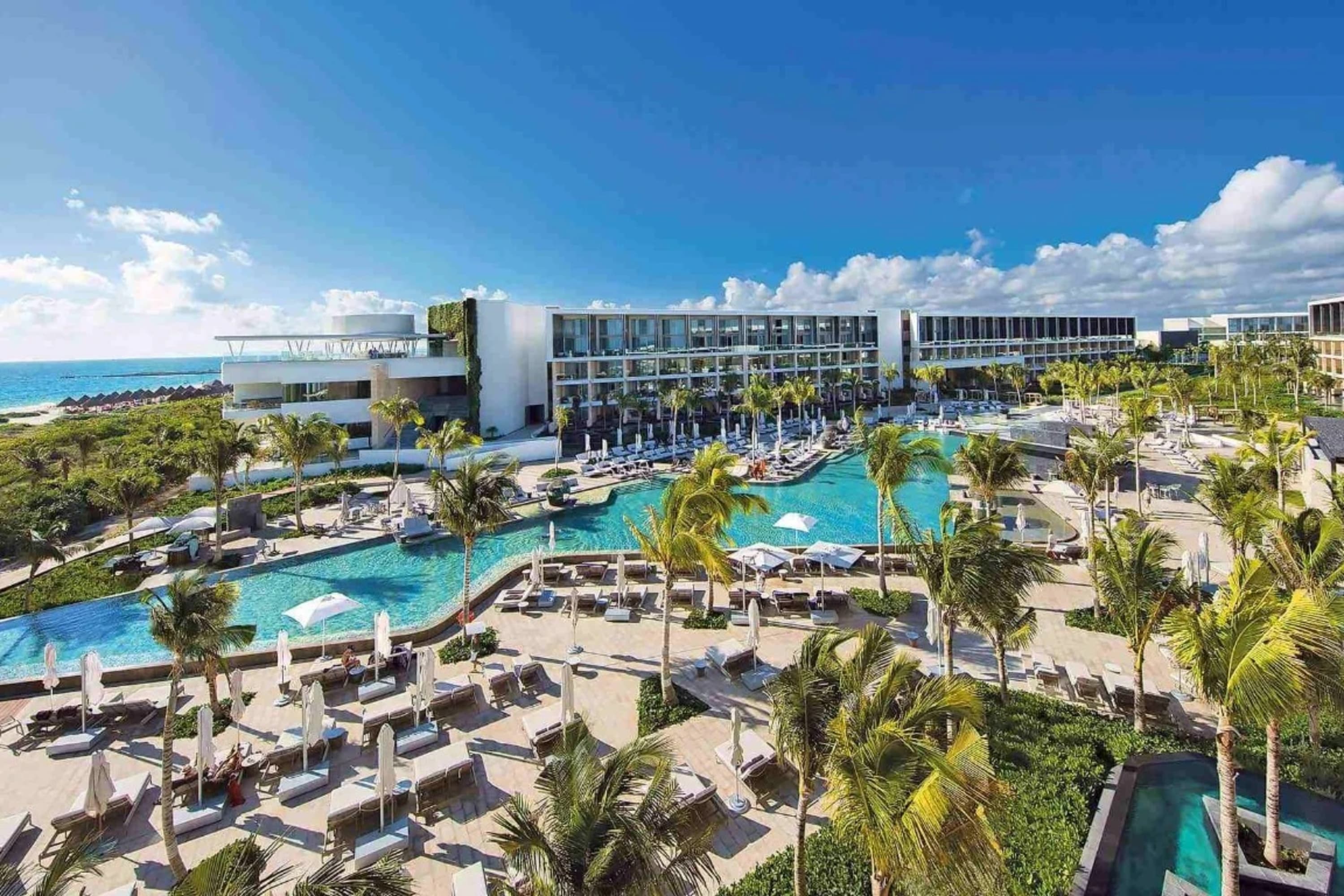 A massive pool complex with palm trees, dozens of loungers and day beds