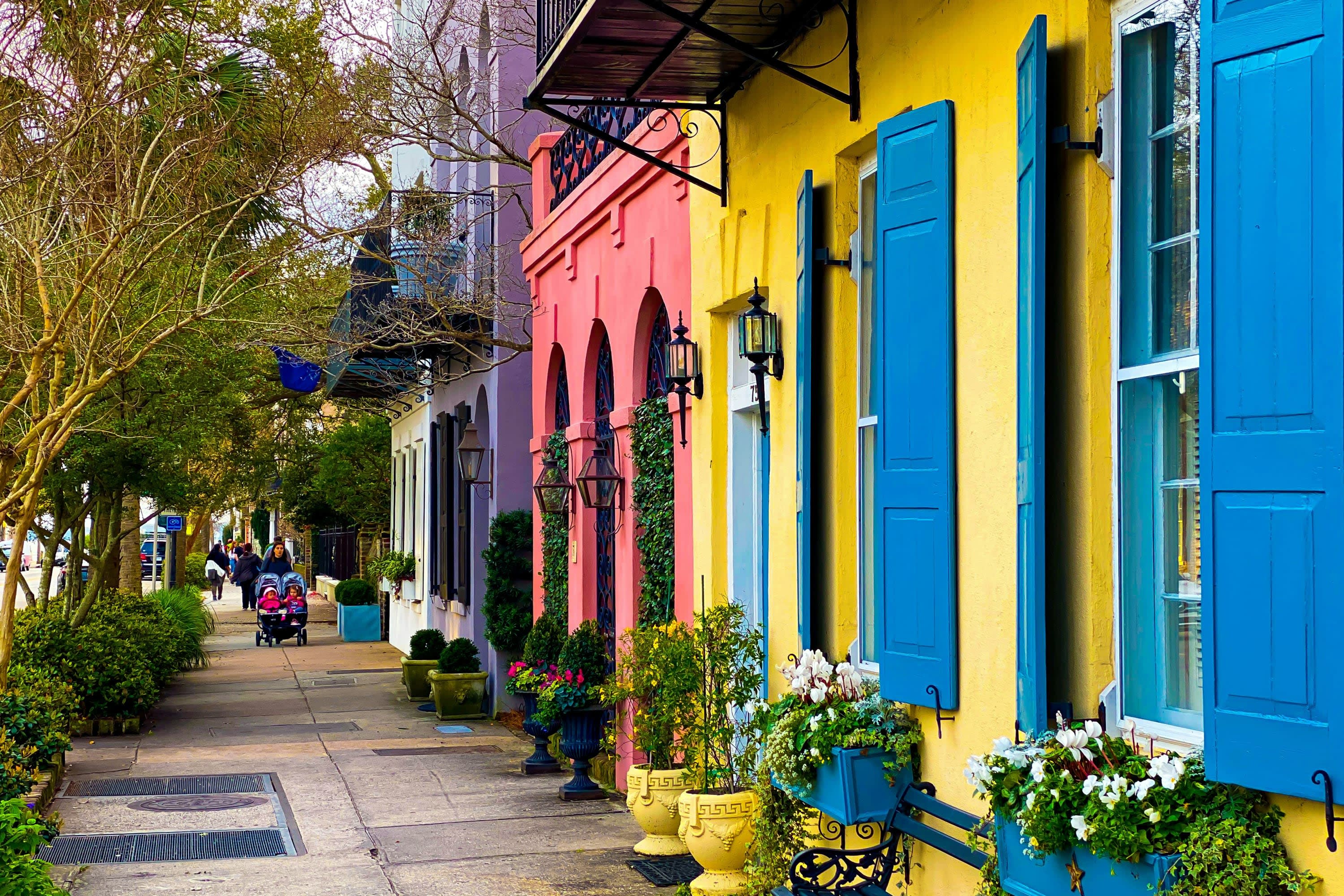 Colorful pink, yellow, and blue historic Southern buildings with potted plants and low-hanging trees on a historic street