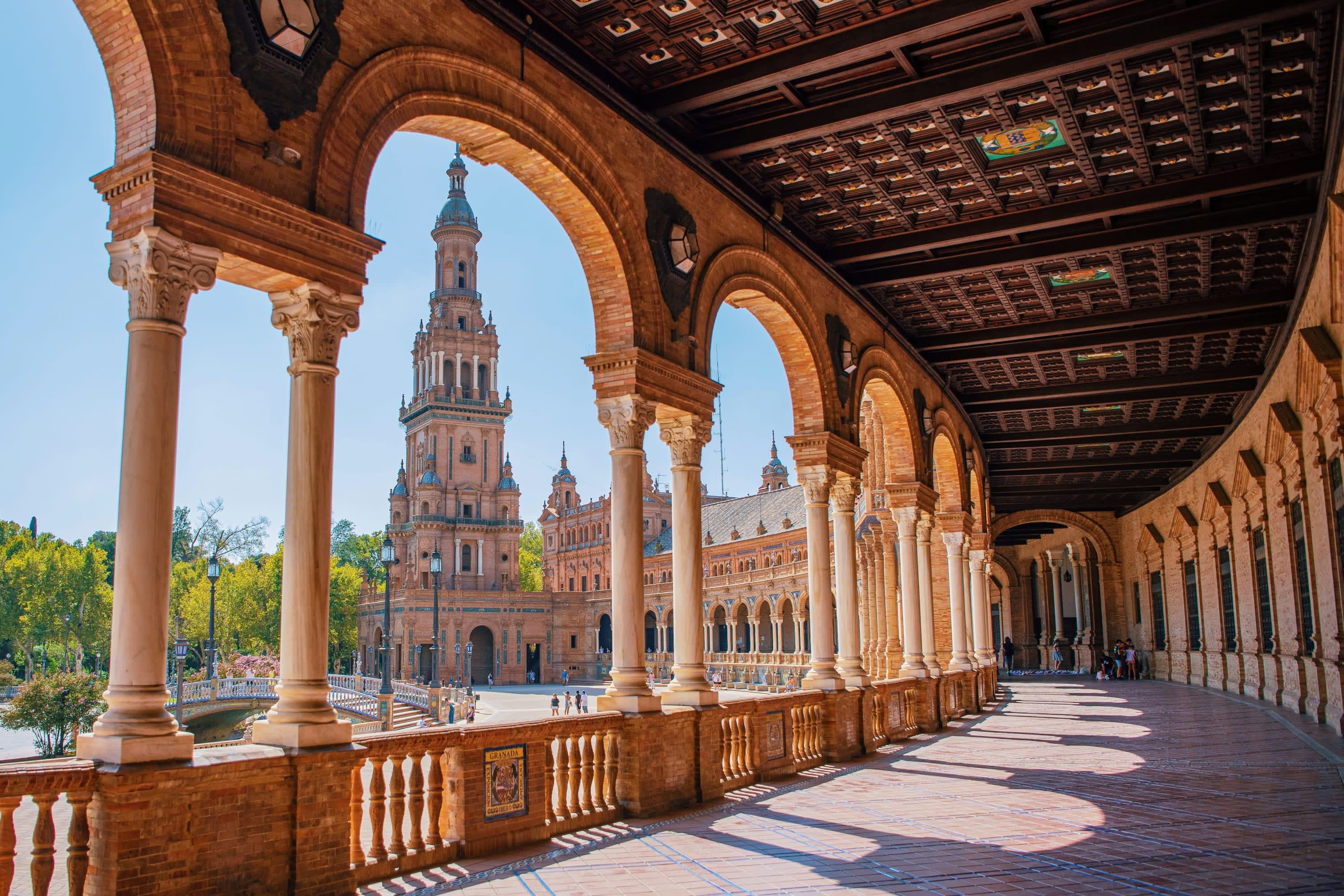 View from inside the Plaza de Espana of the structure's intricate spire