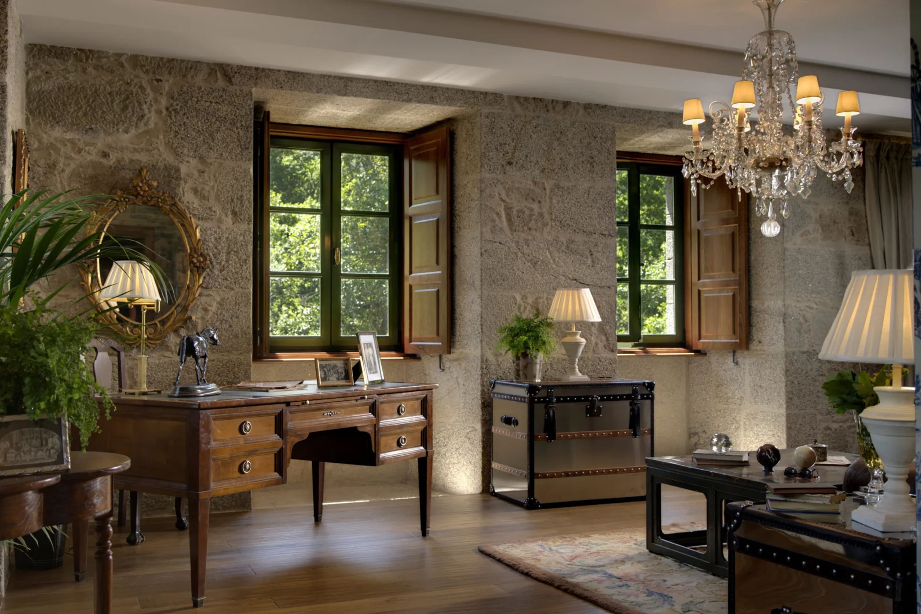 A luxurious hotel room with a vintage aesthetic, elegant decor and sophisticated, classy lighting