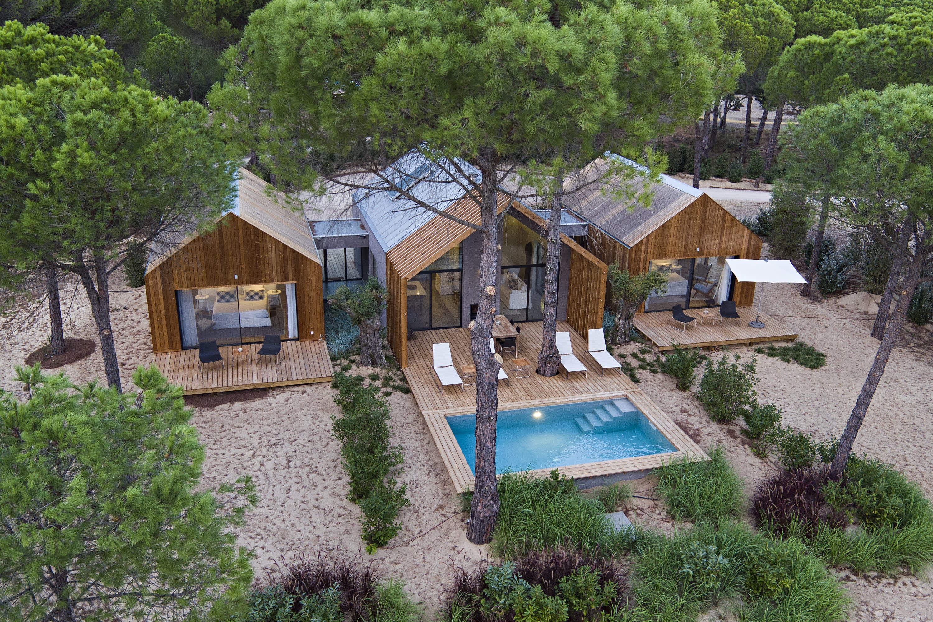Avant-garde cabins with a private plunge pool amid vibrant forest