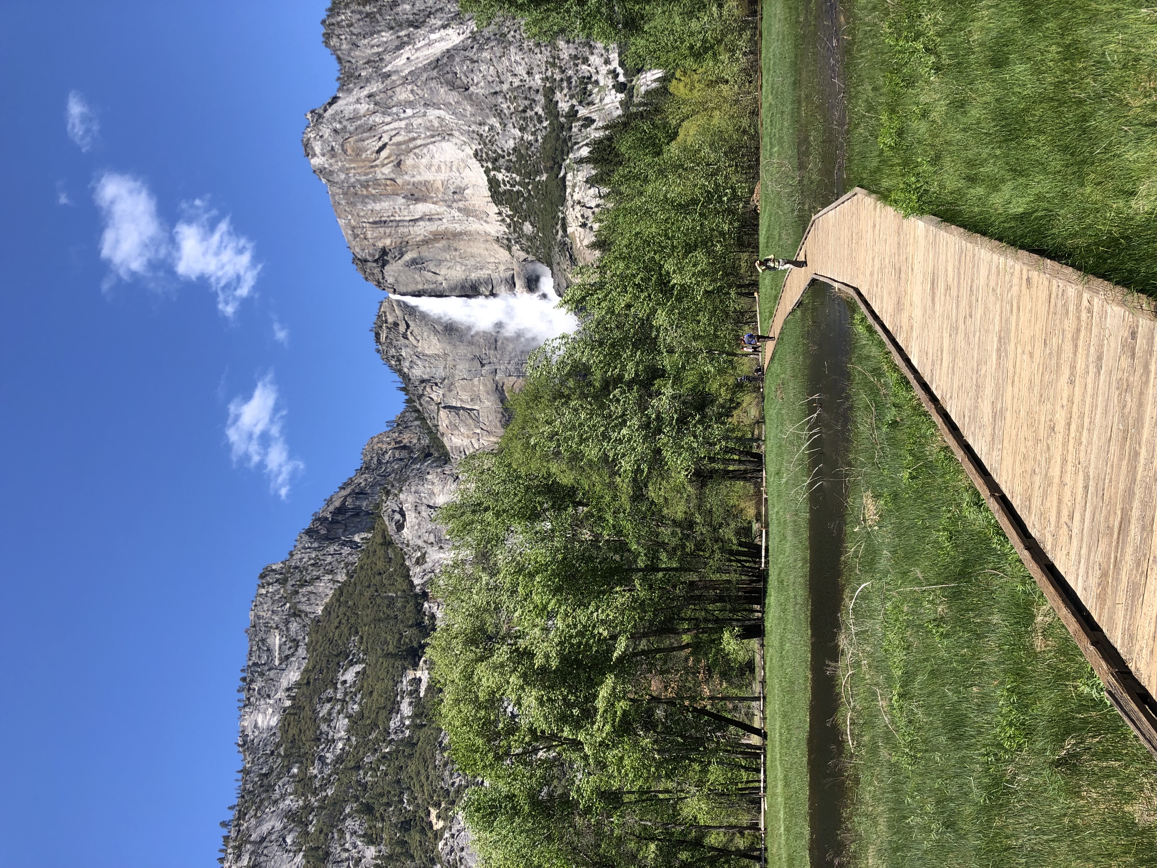 A wooden walking path in with a green field that leads to a large mountain scape.