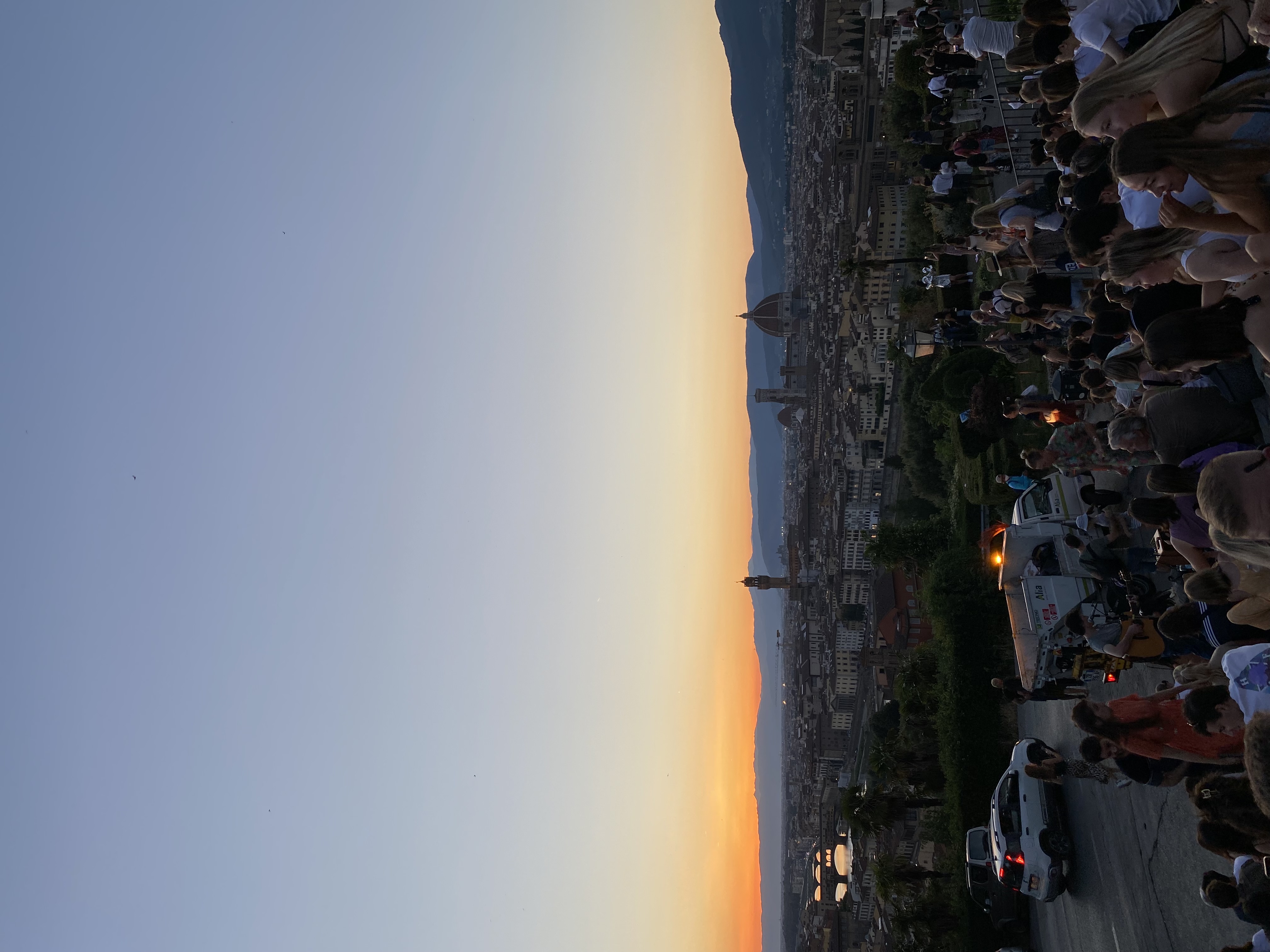 A view of a city at dusk.
