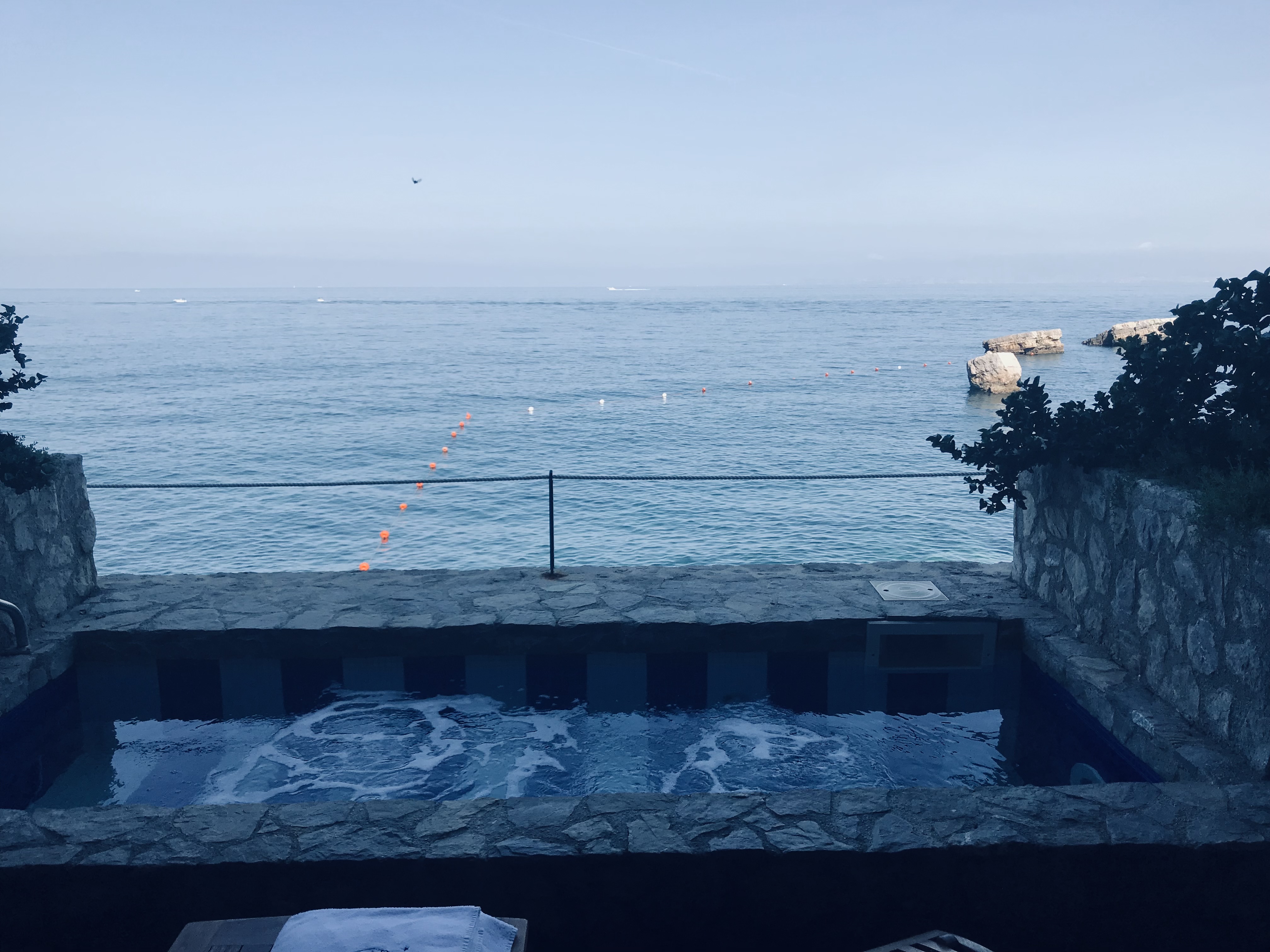 View of a small plunge pool overlooking the ocean and surrounded by plants