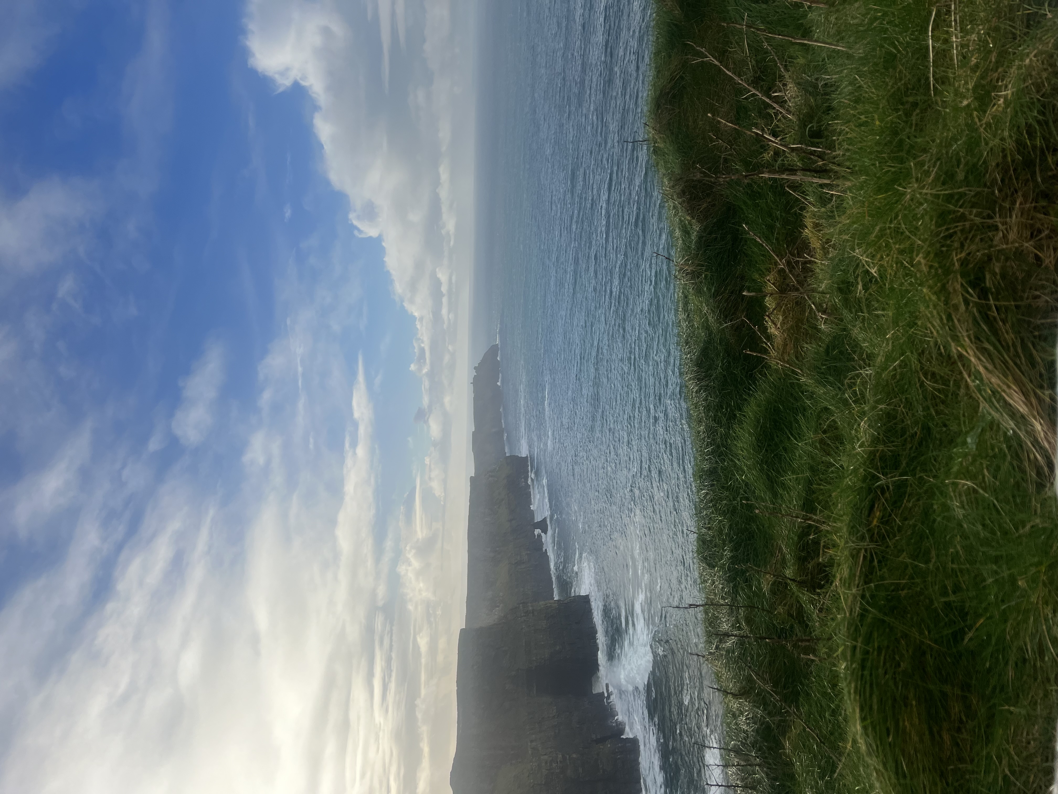 Beautiful view of a green field leading to a dramatic cliff coastline under sunny skies