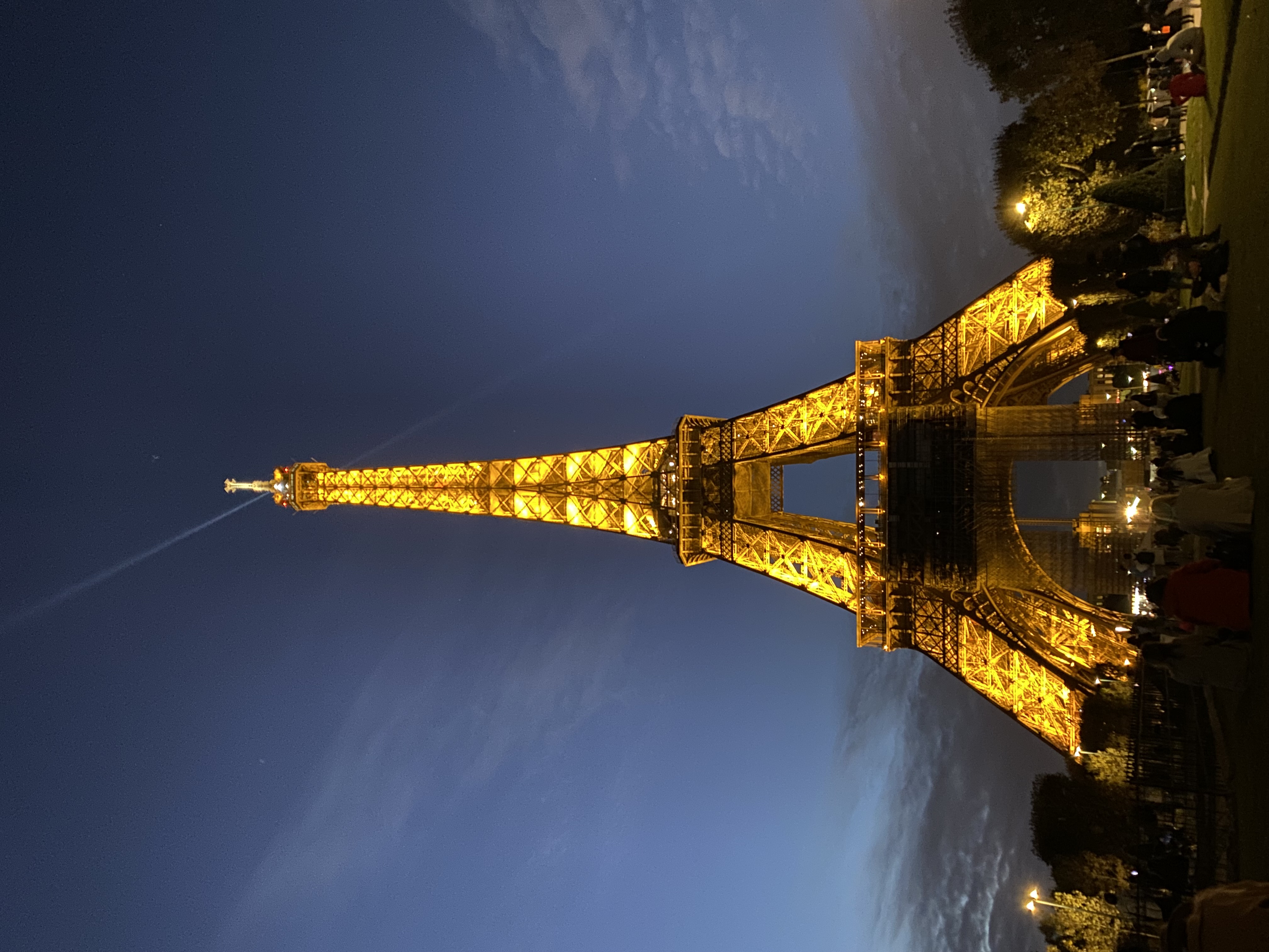 The Eiffel Tower at night in Paris.