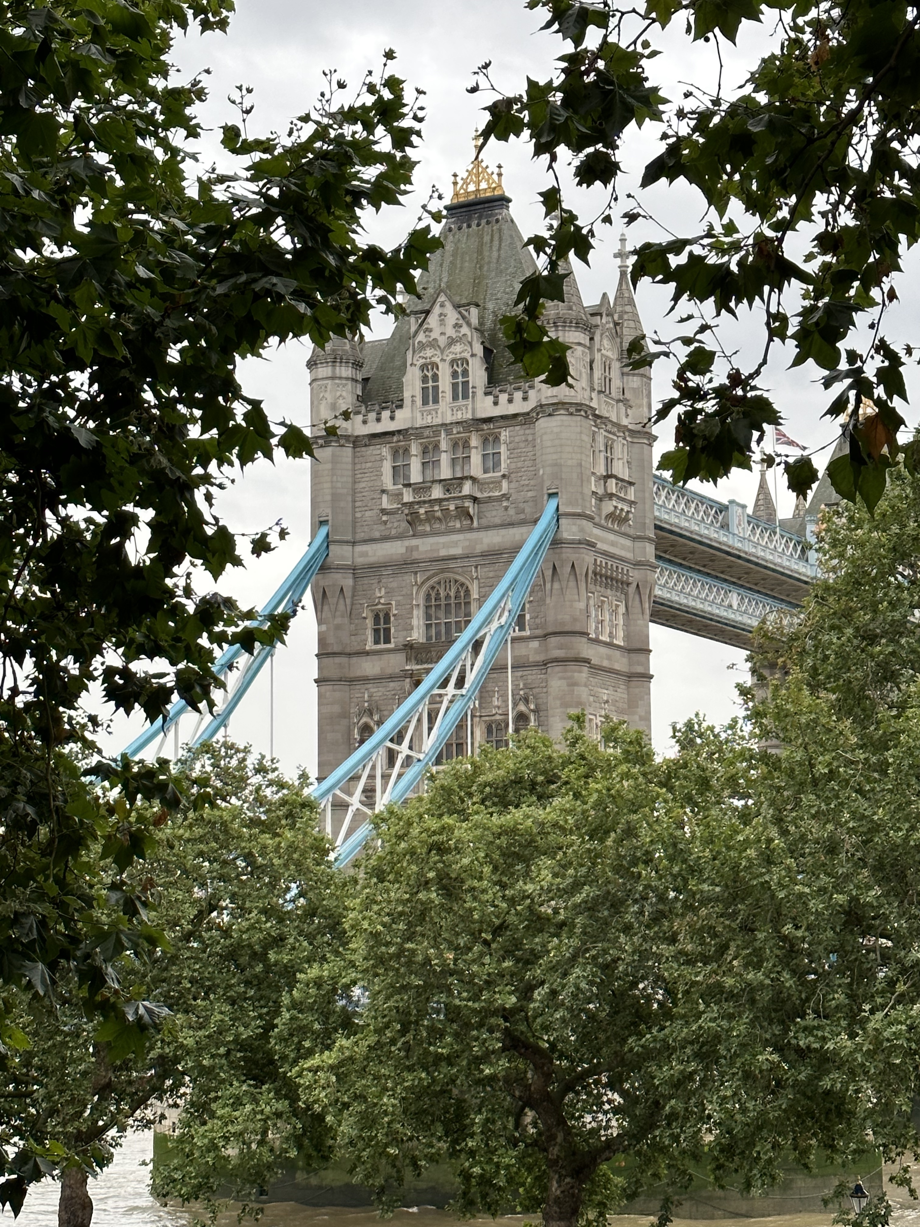 Partial view of the London Tower Bridge as seen through treetops on a cloudy day