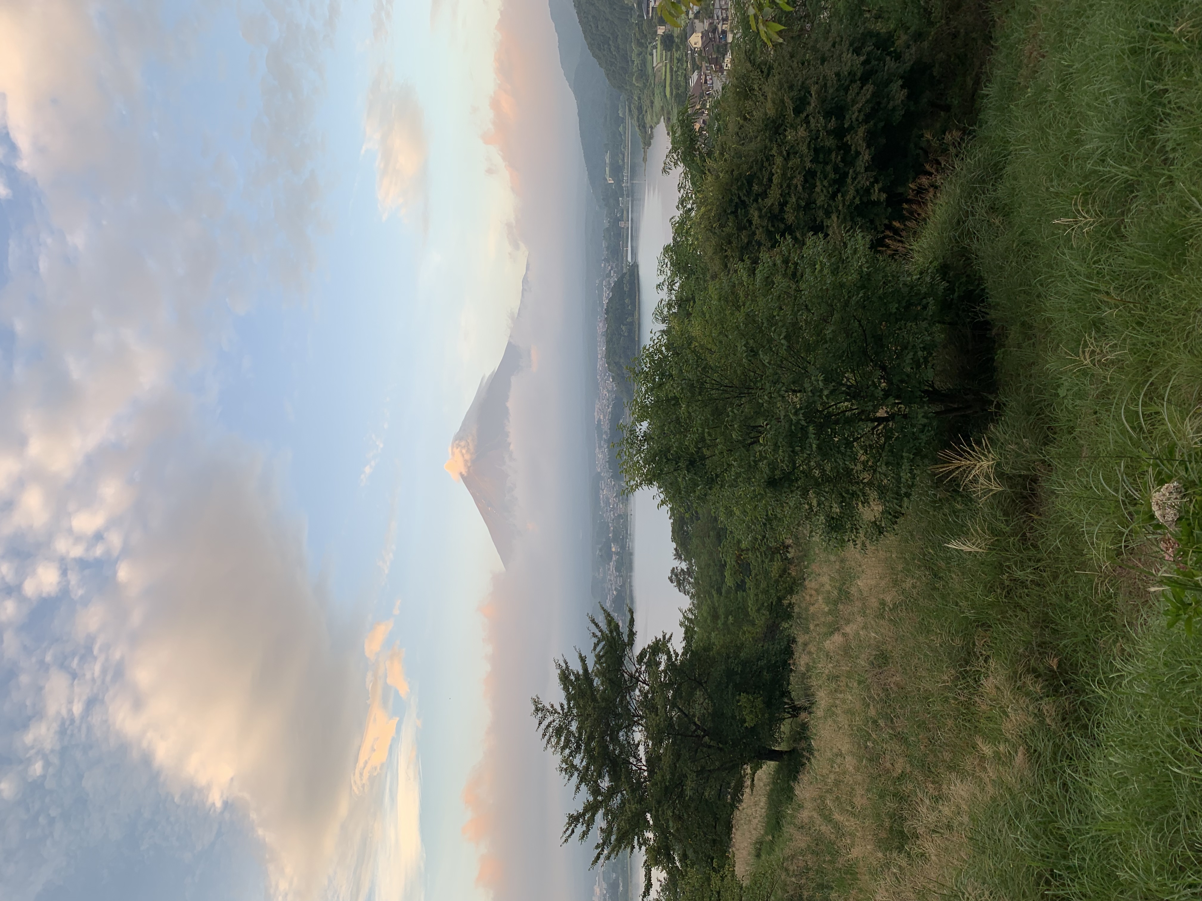 Beautiful view of a lake and distant mountain with clouds overhead