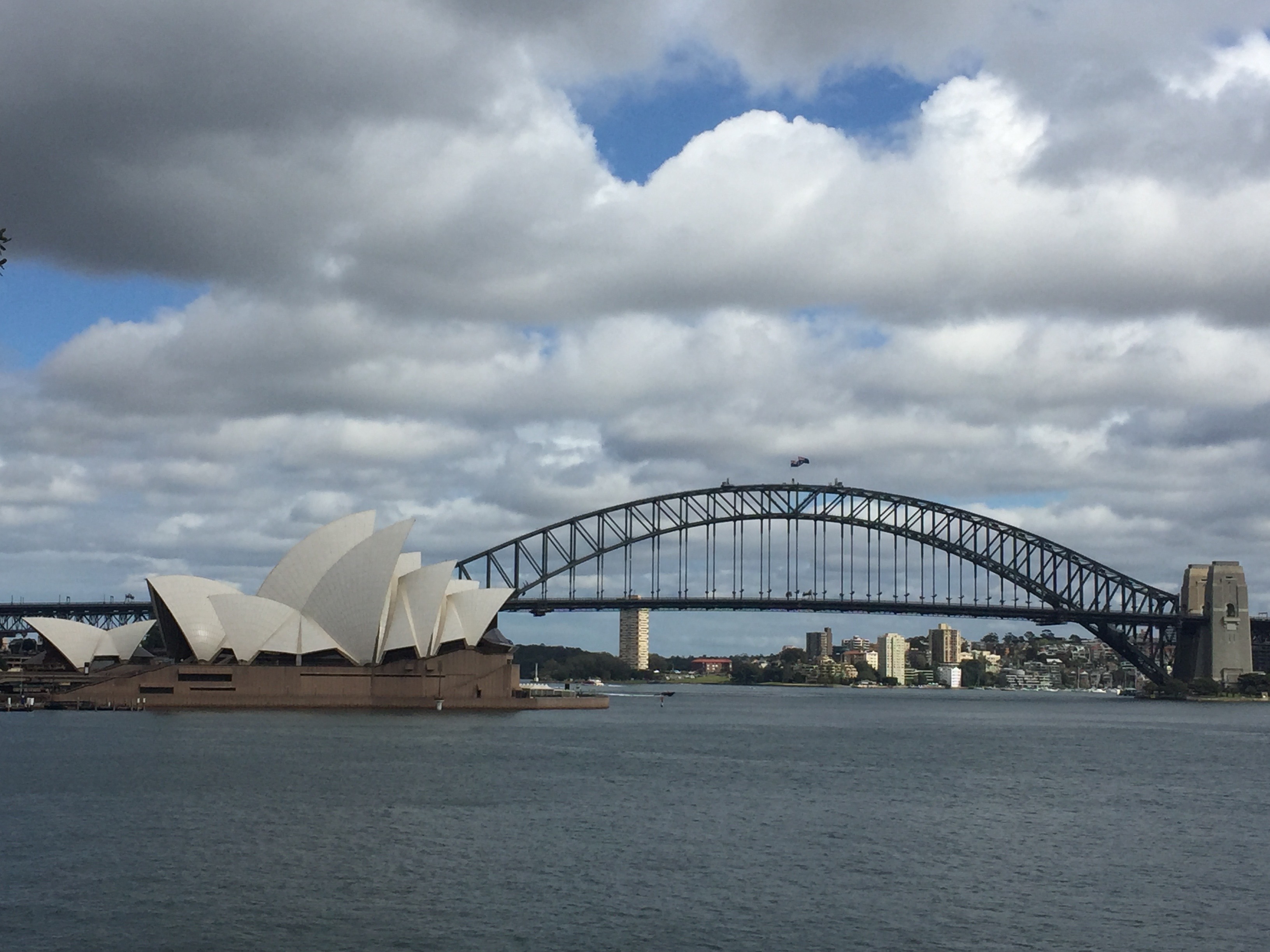 View of the Sydney Harbor Bridge and Opera House from across the bay under partly cloudy skies