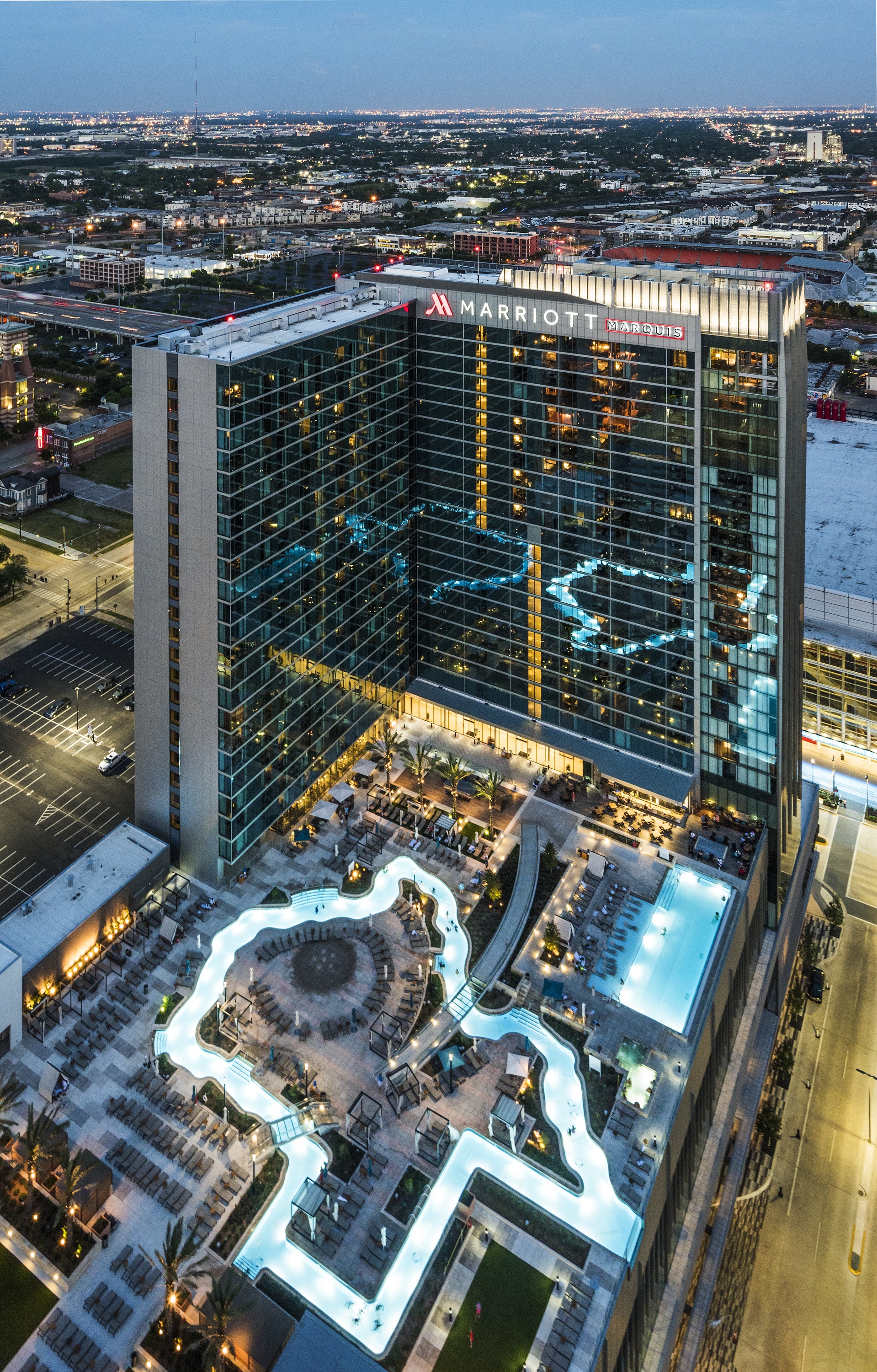 Aerial view of a lazy river in the shape of Texas