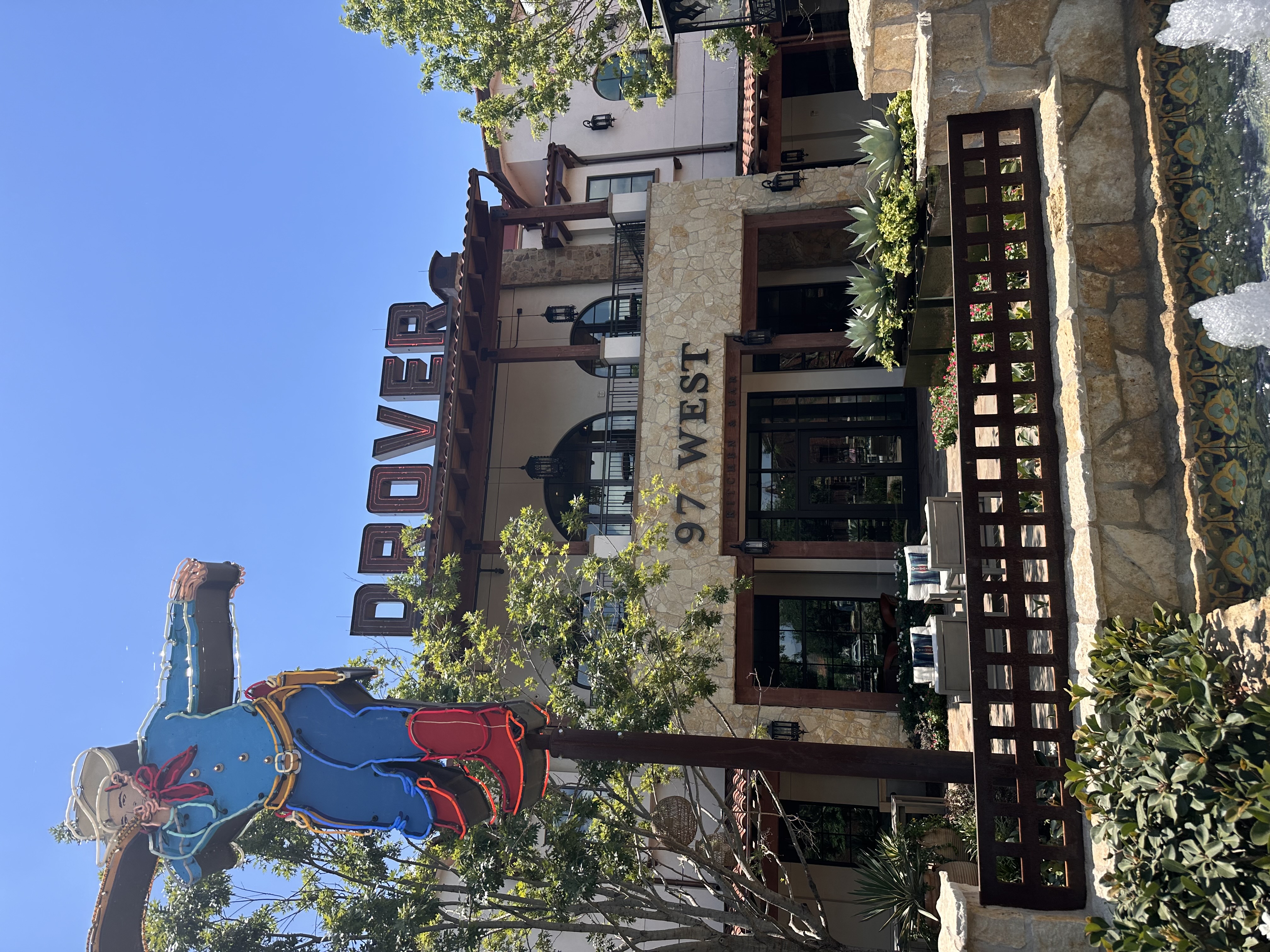 A view of a restaurant during the day.