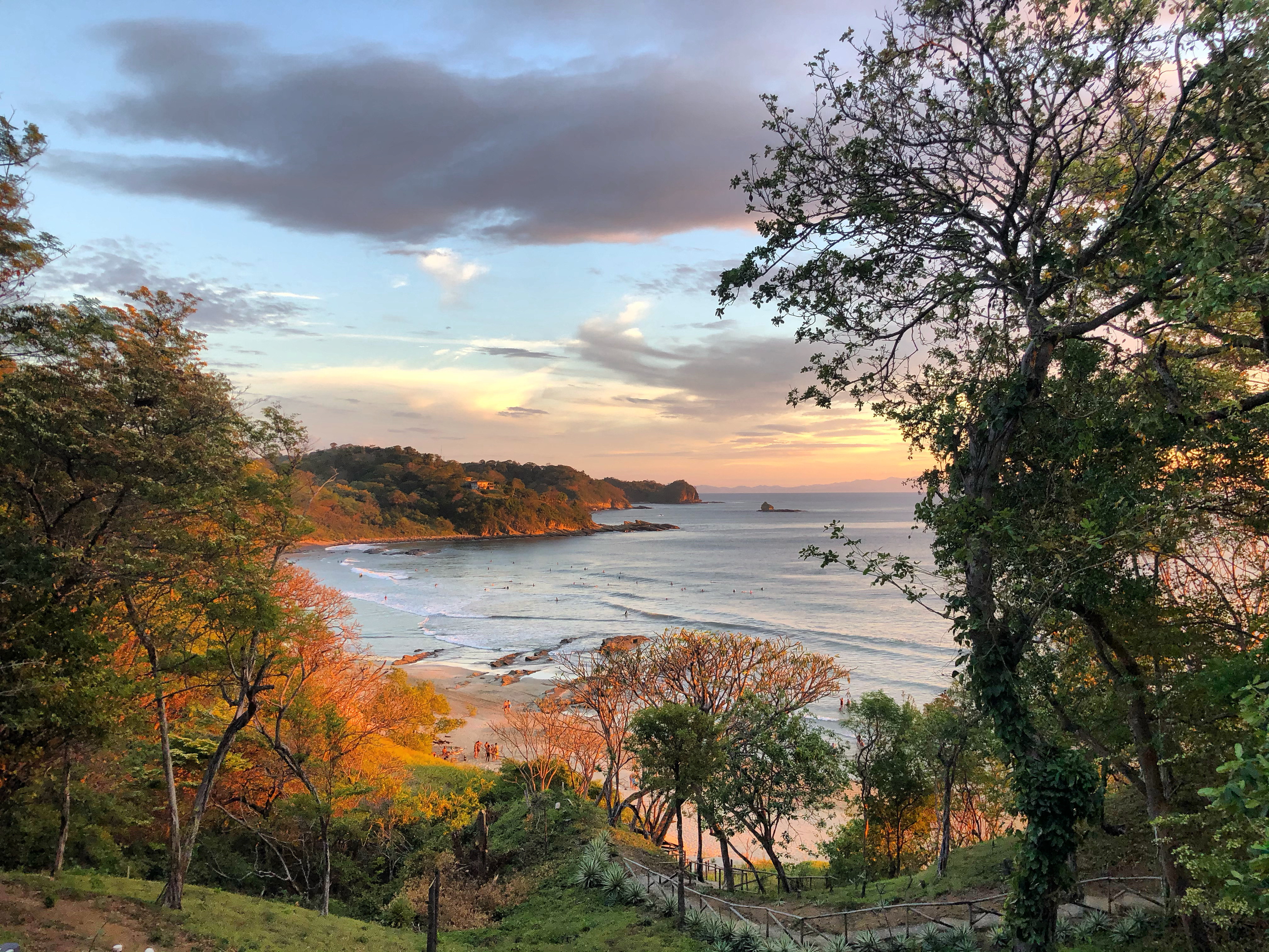 Sunset over the beach and trees.
