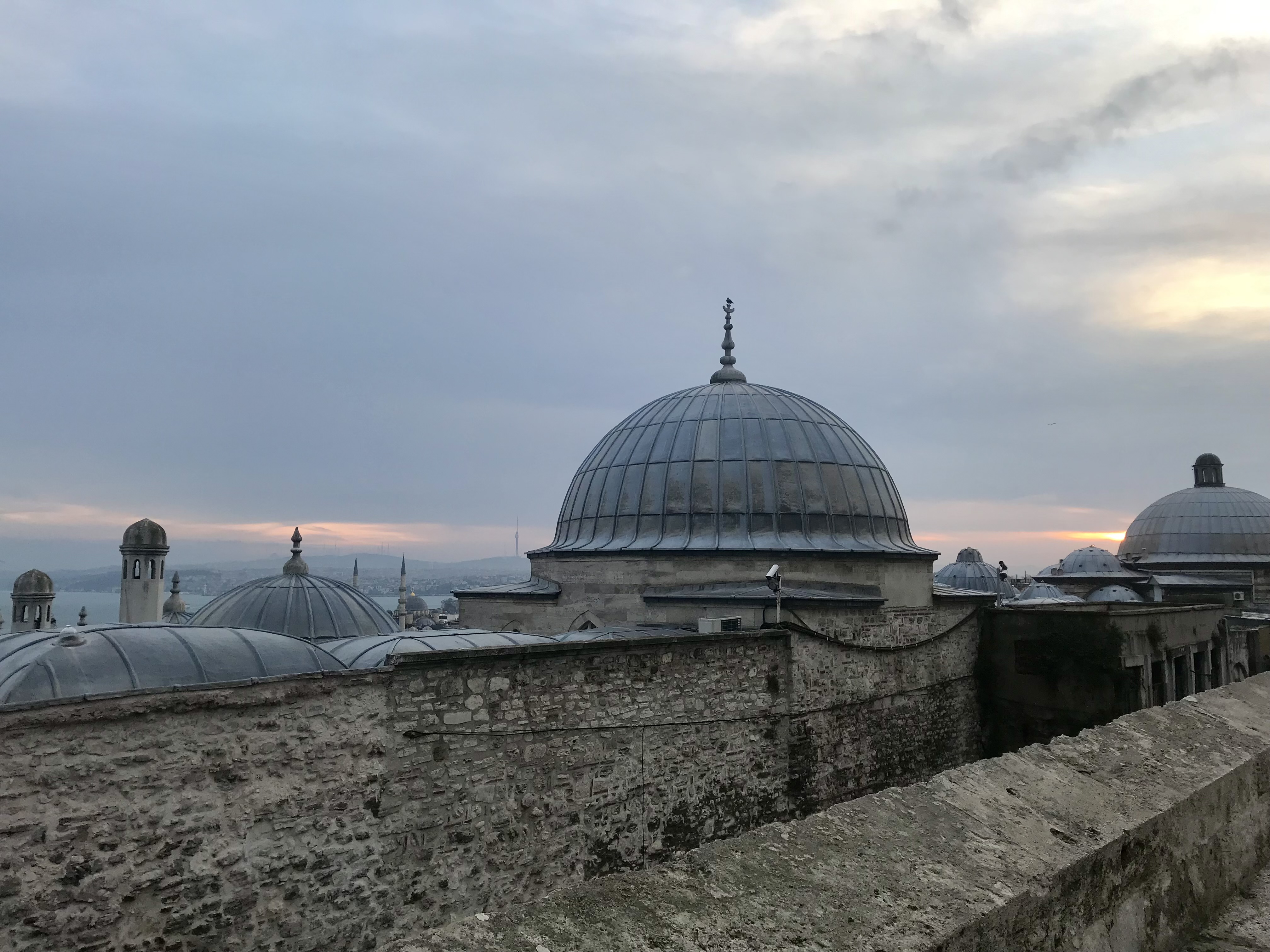 View of the tops of several domed buildings under cloudy skies