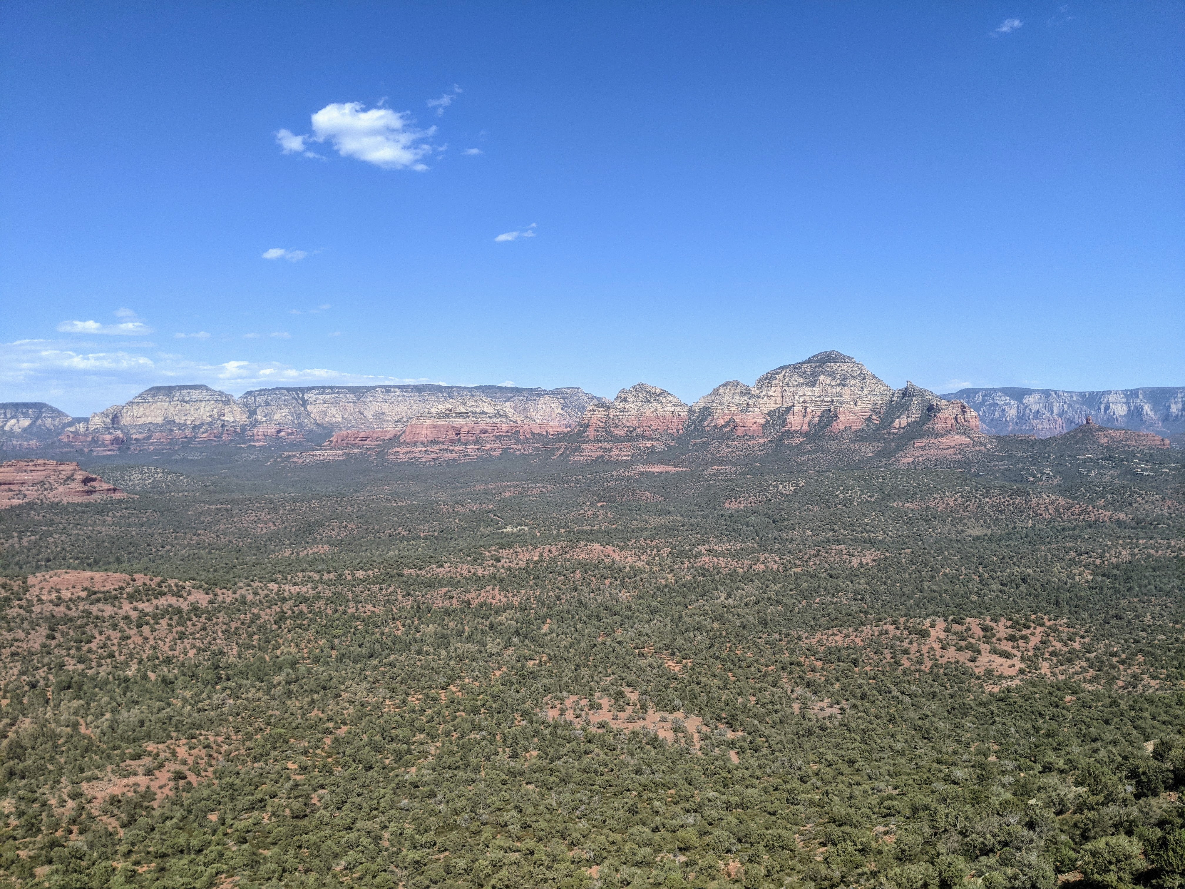 Panoramic view of a dry landscape with small green trees and mountains on the horizon under clear skies