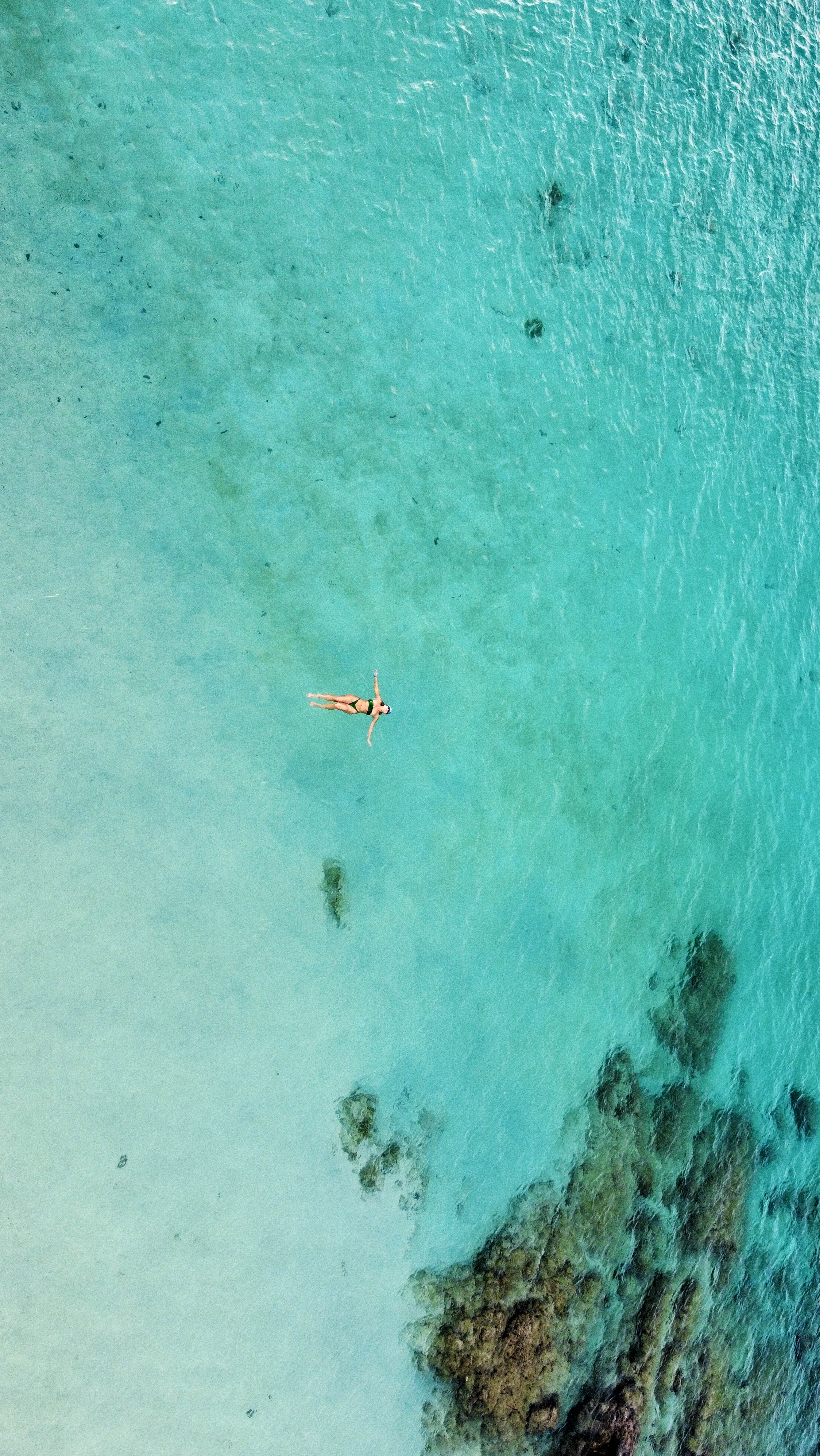 Overhead view of a clear turquoise sea with a coral formation
