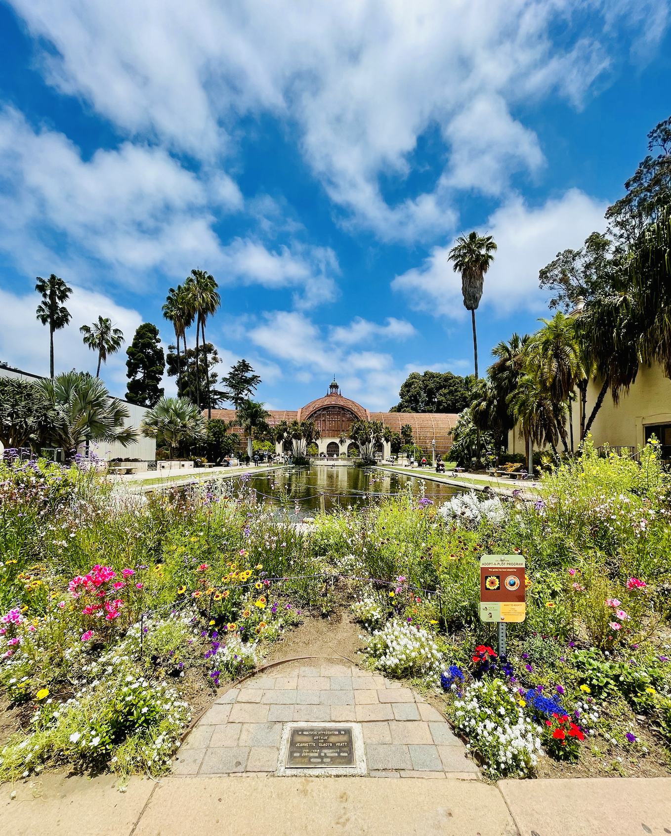 An image of a beautiful garden with a wide range of flowers and plants and a long body of water with palm trees and a building at the end.