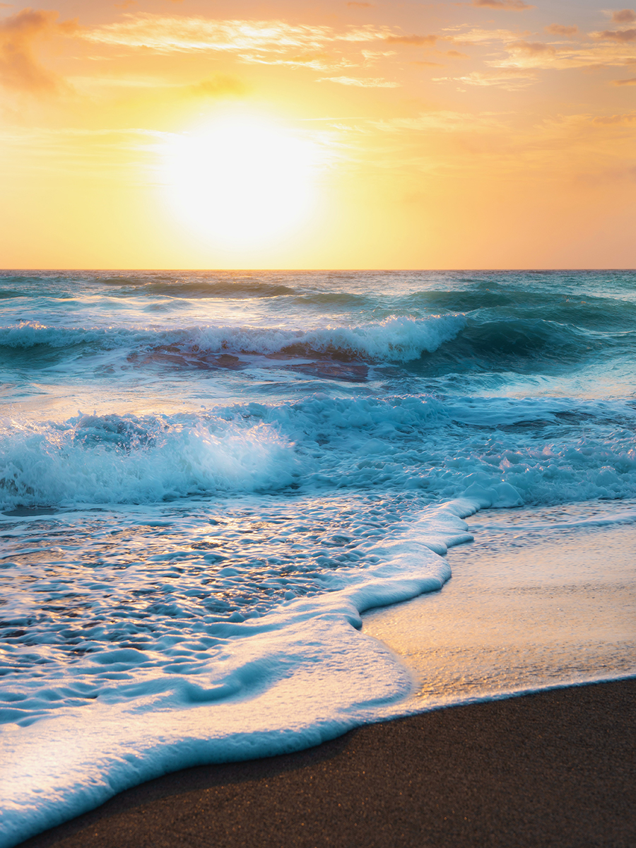 Beautiful view of waves crashing on the beach at sunset
