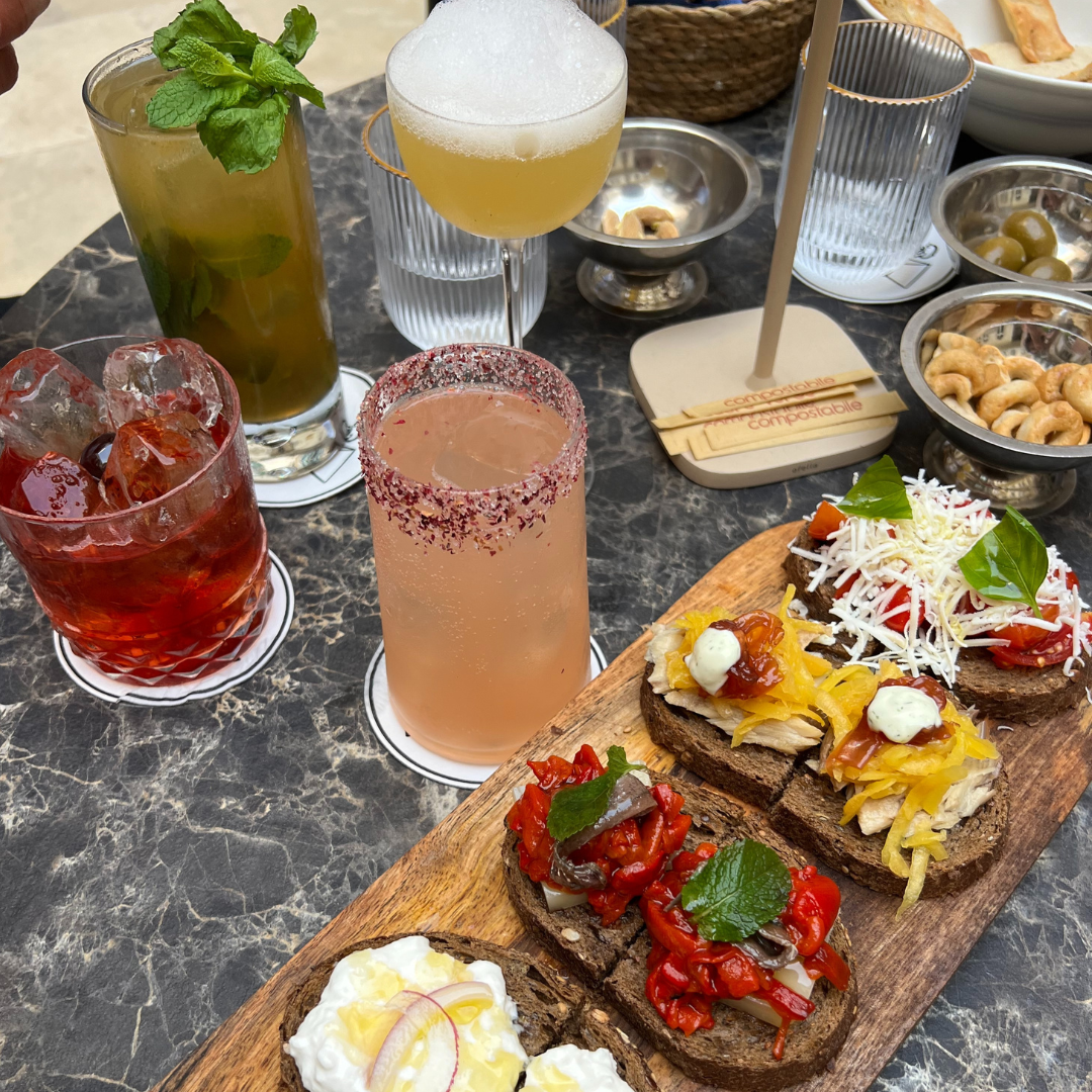 Drinks and food.