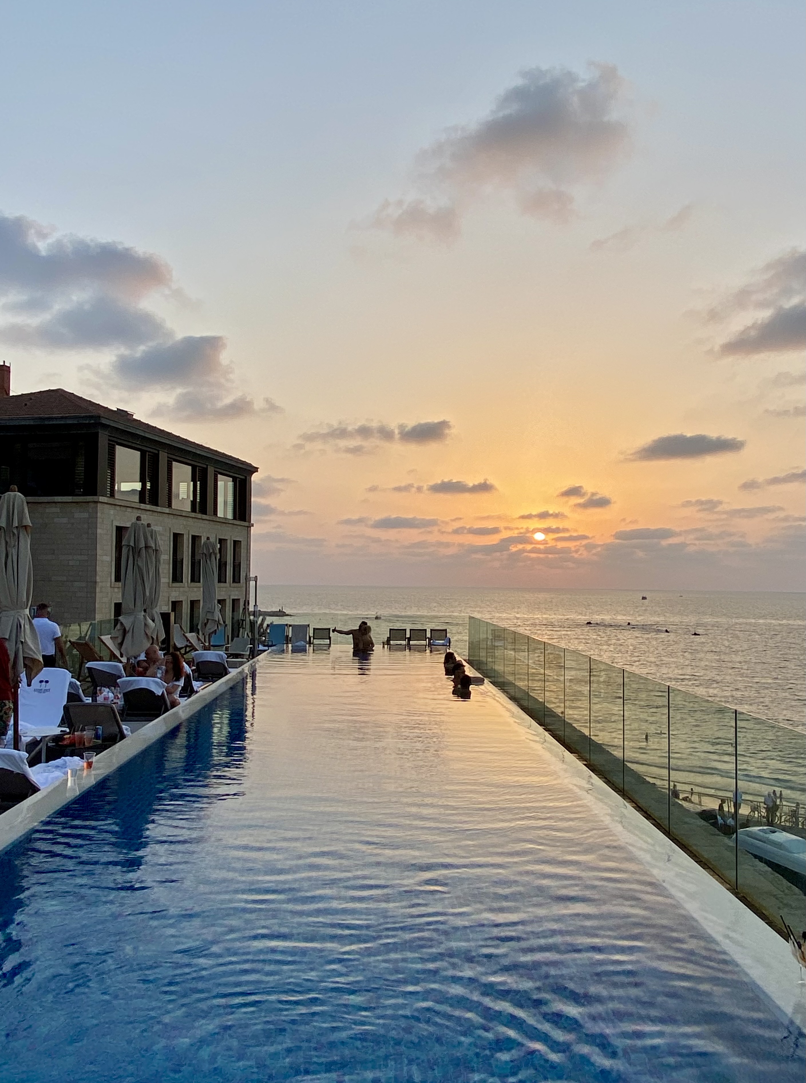 View of a pool during sunset.