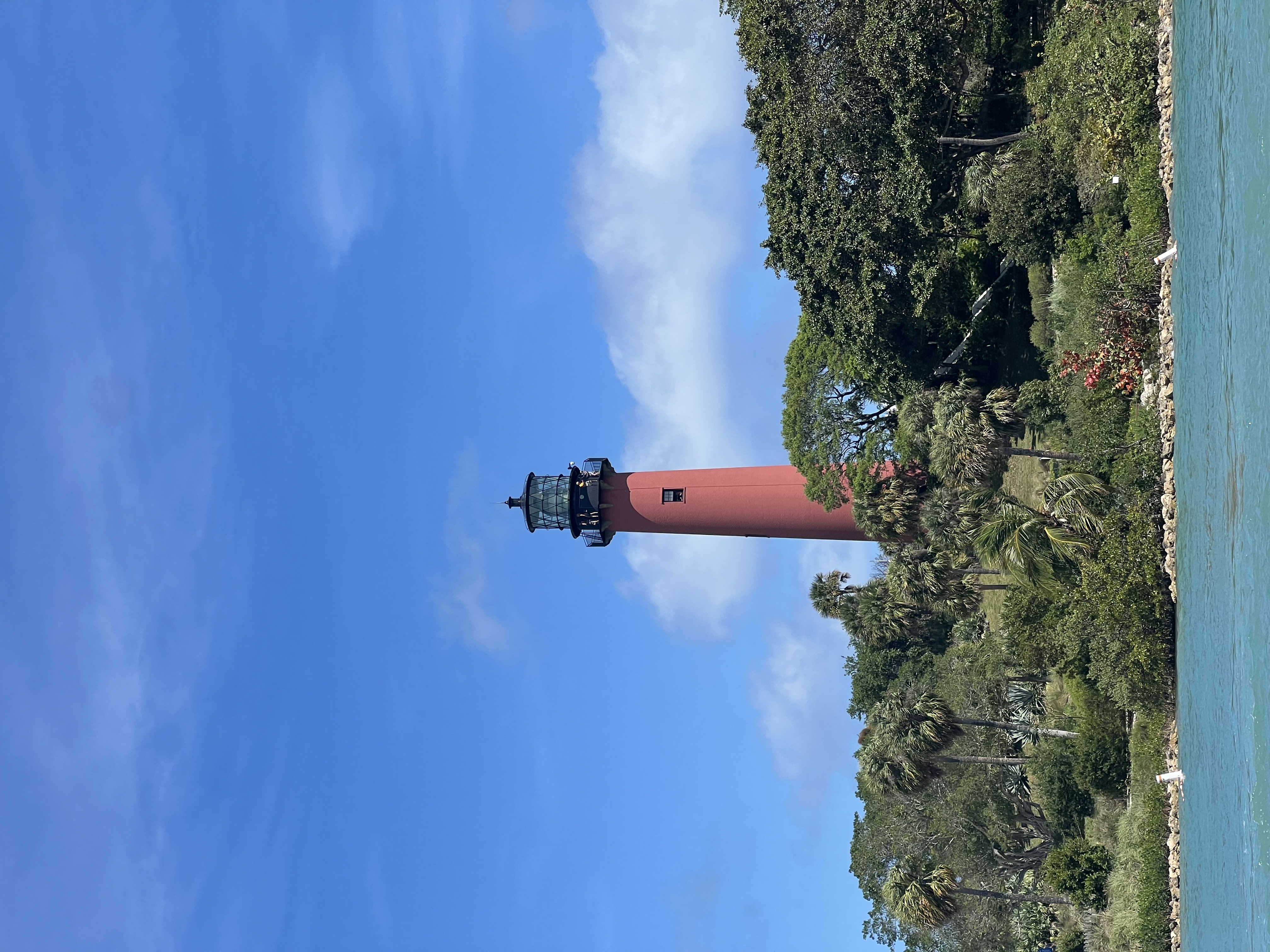 A lighthouse surrounded by trees and water during the daytime.