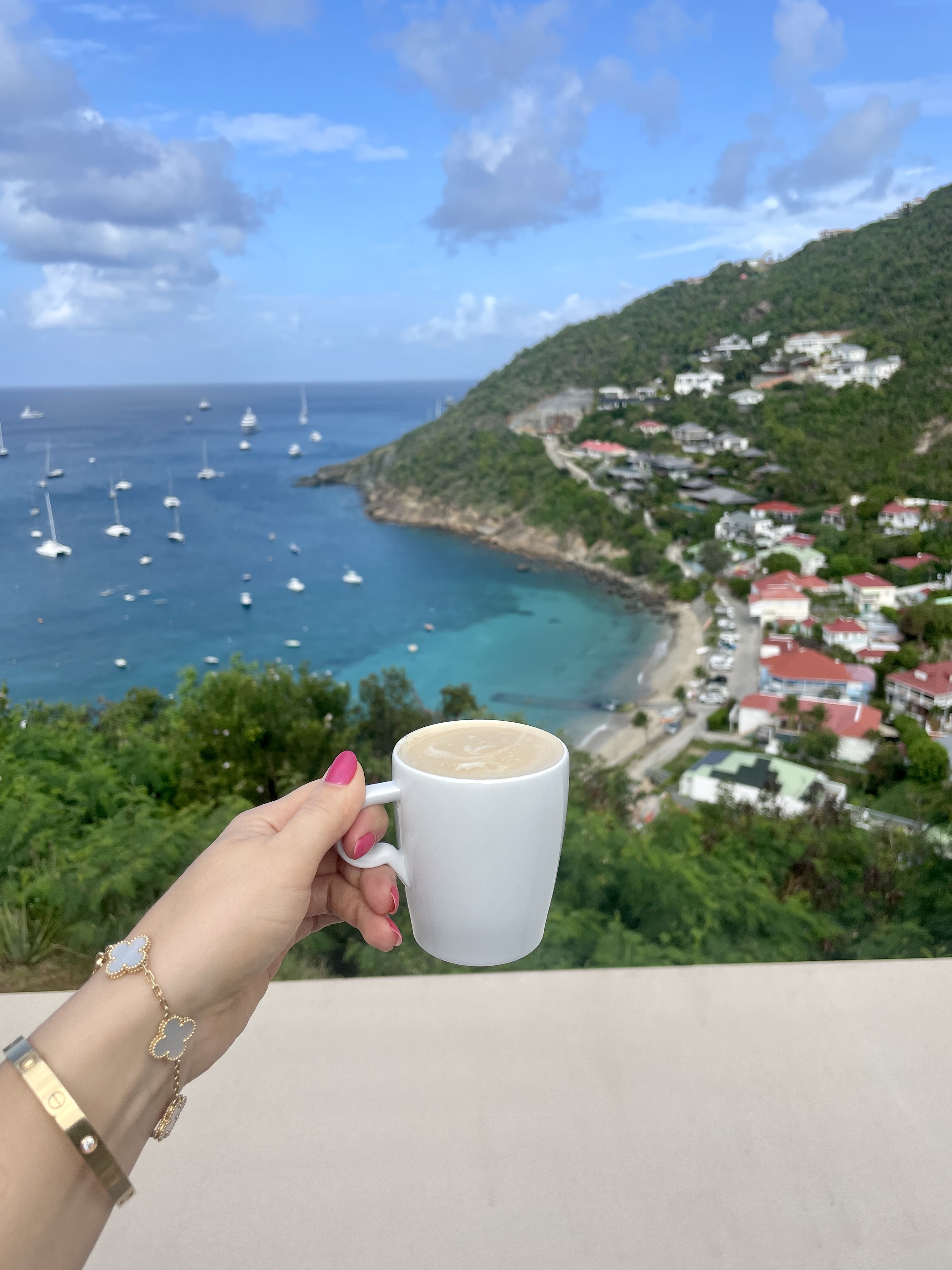 Advisor posing with a cup of coffee on a balcony with a seaside town in the distance on a sunny day.