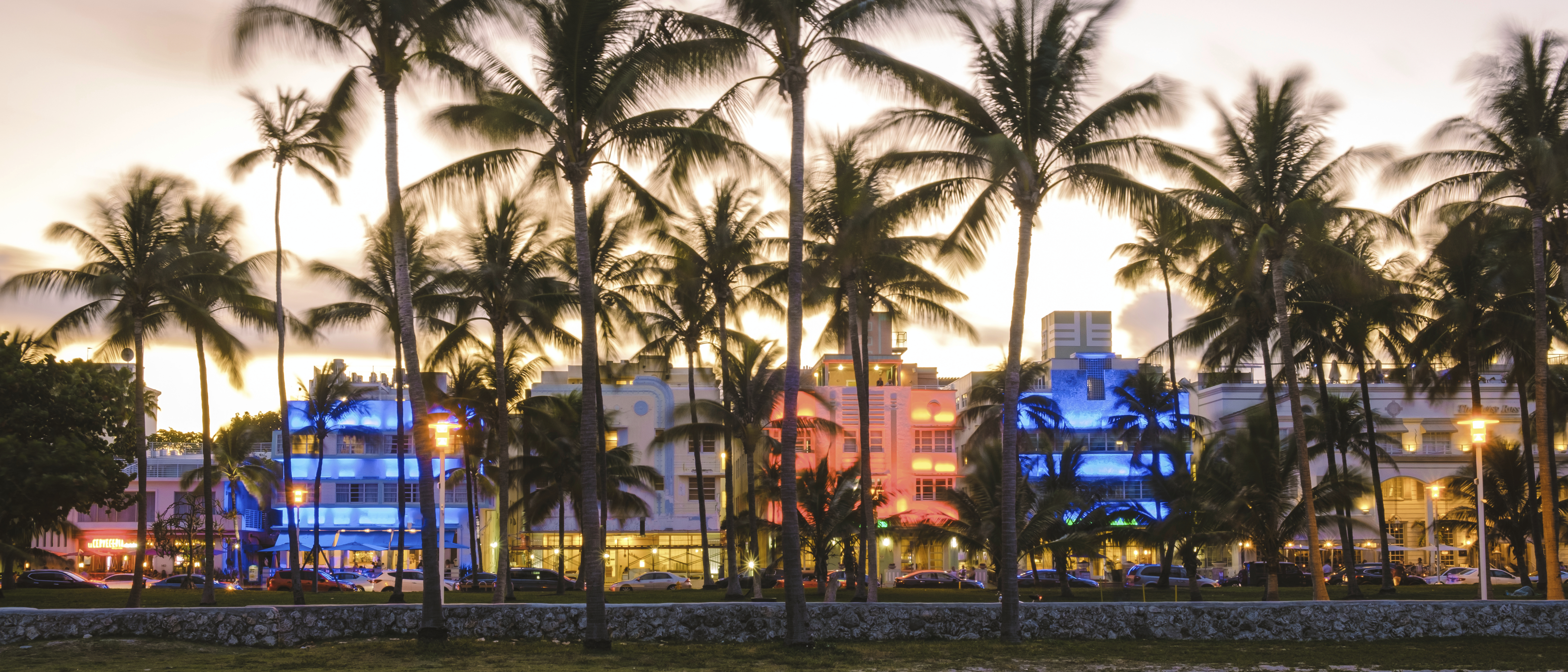 Palm trees line a bustling stretch of downtown at sunset.