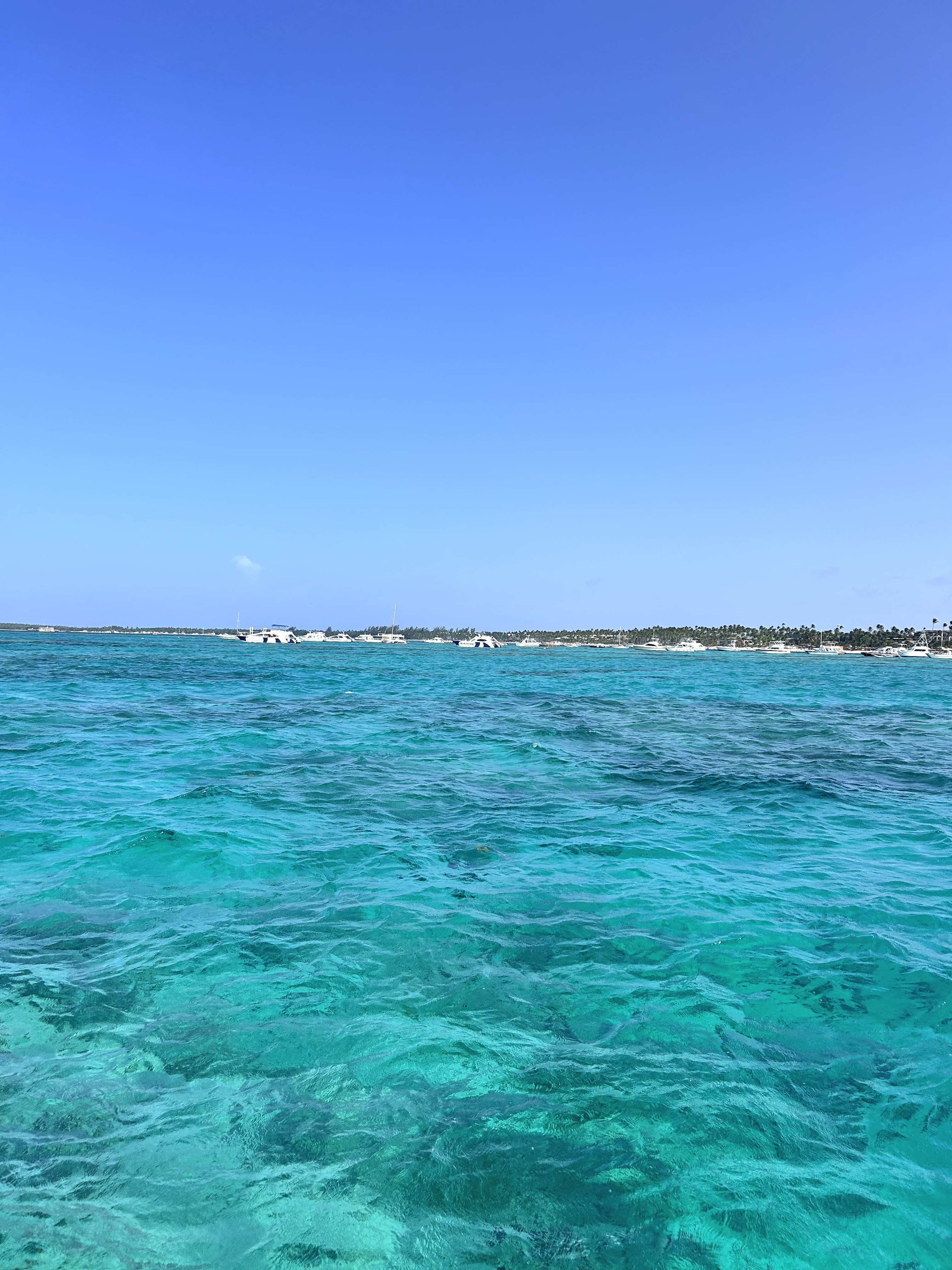 View of crystal clear turquoise ocean waters under clear skies