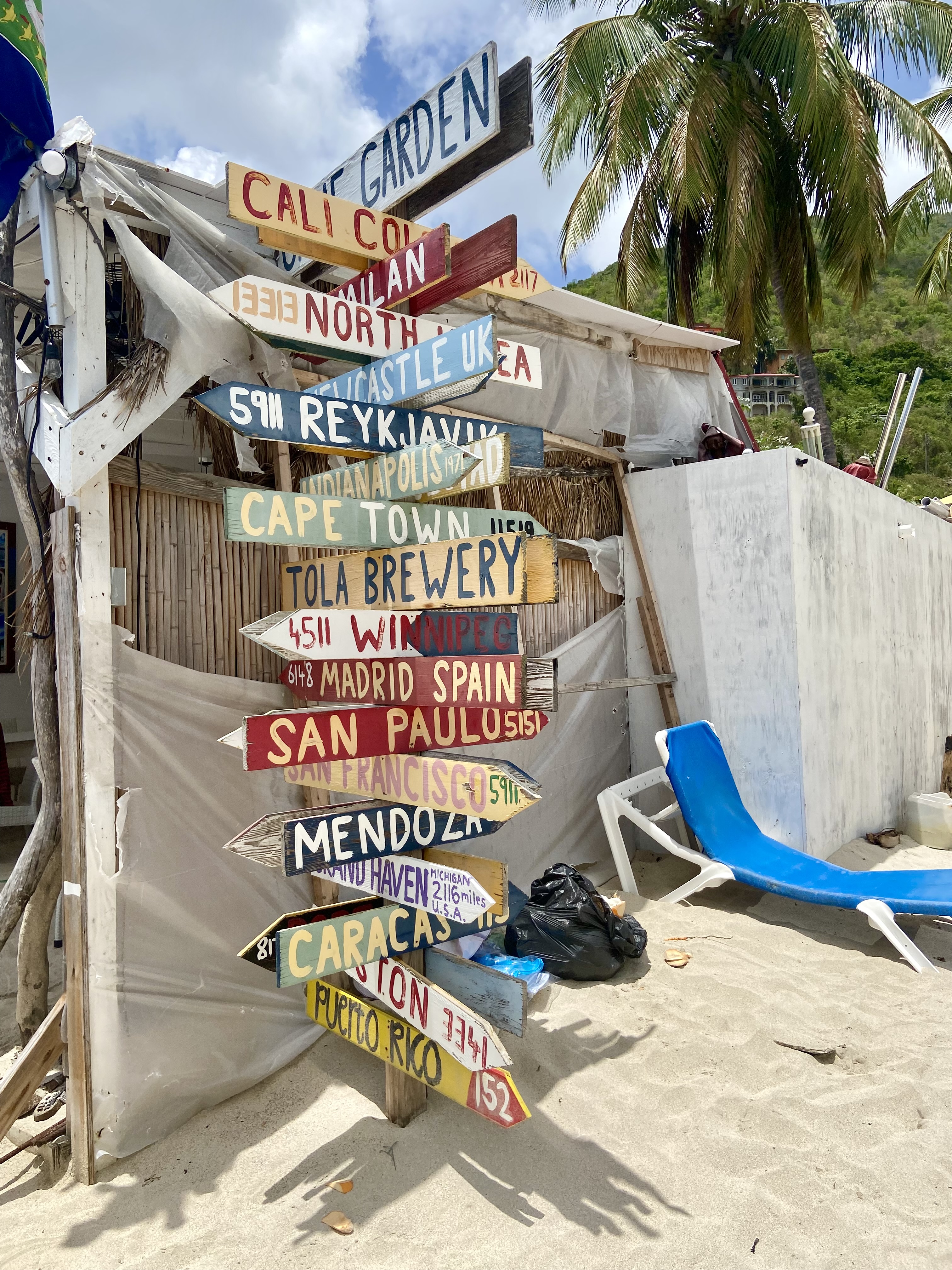 A view of directional arrows lining a pole outside in front of a beach shack and palm trees.