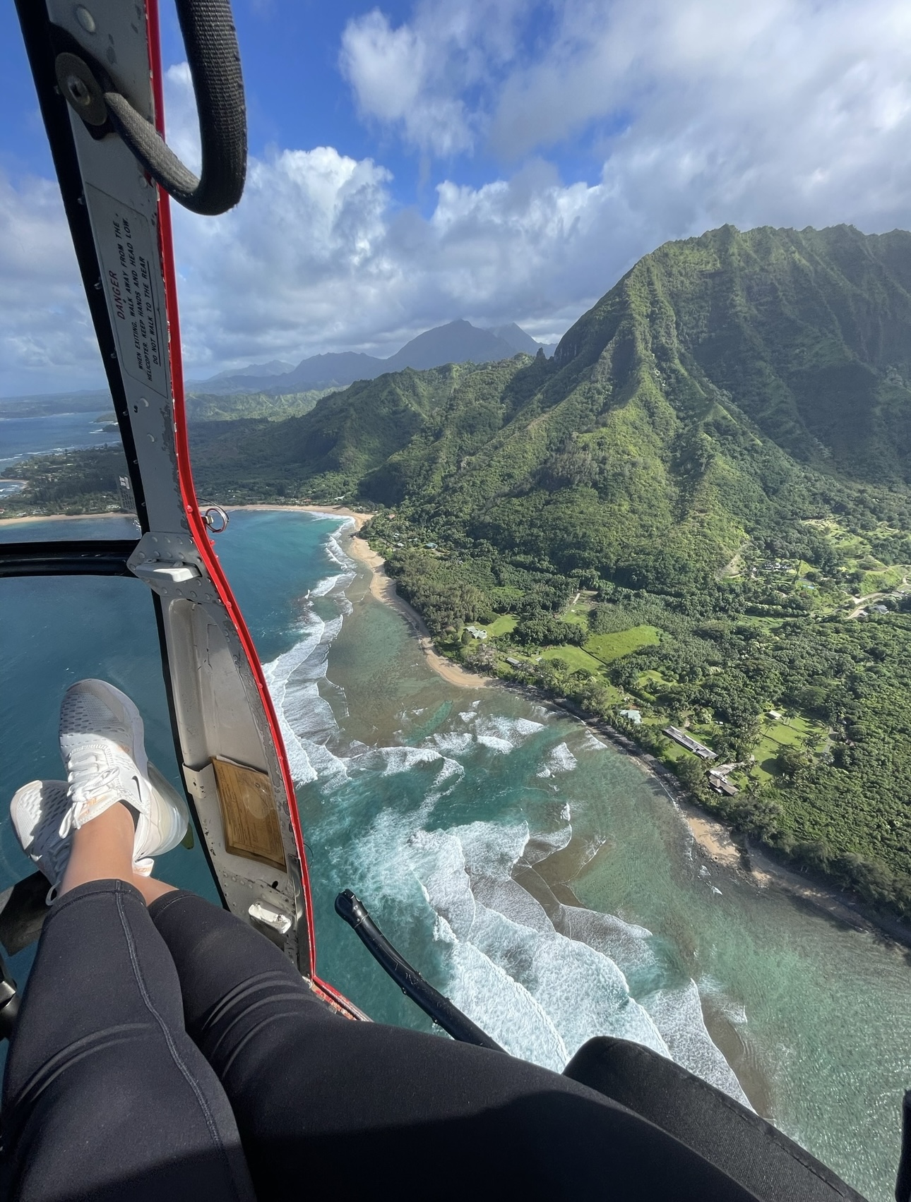 View from a helicopter of a beautiful coastline with lush green mountains