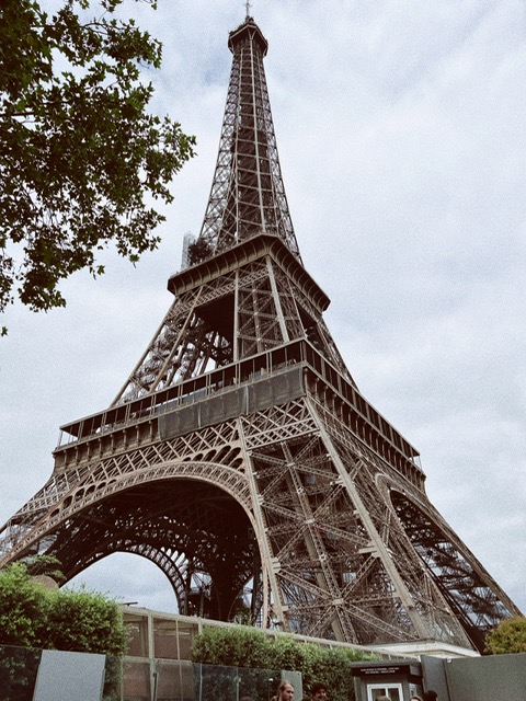 View from the bottom of the Eiffel Tower on a cloud day in Paris