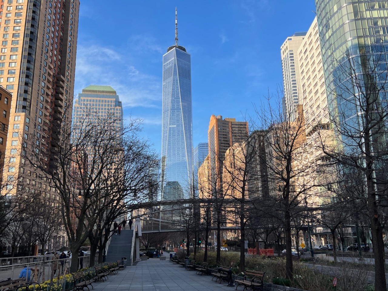 View of the One World Trade building in New York City on a sunny day