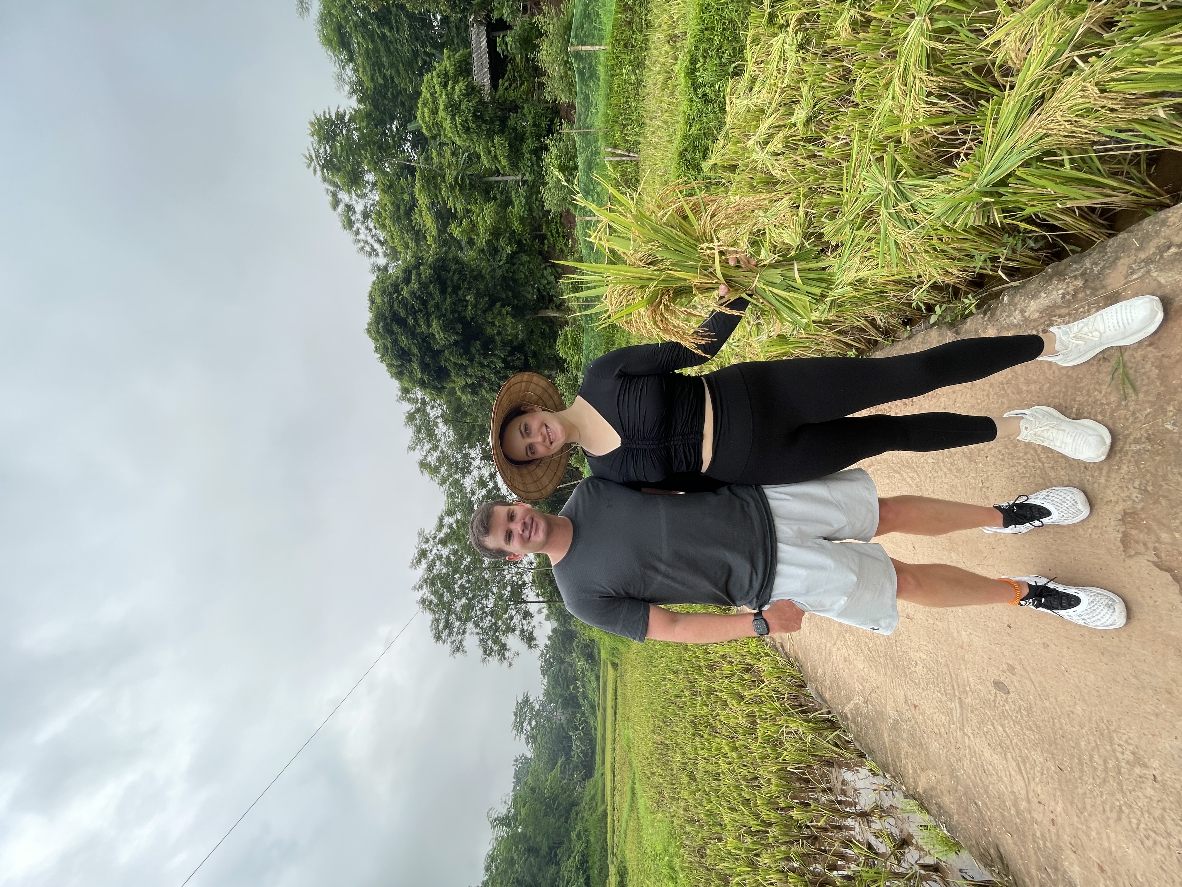 Between green fields.
