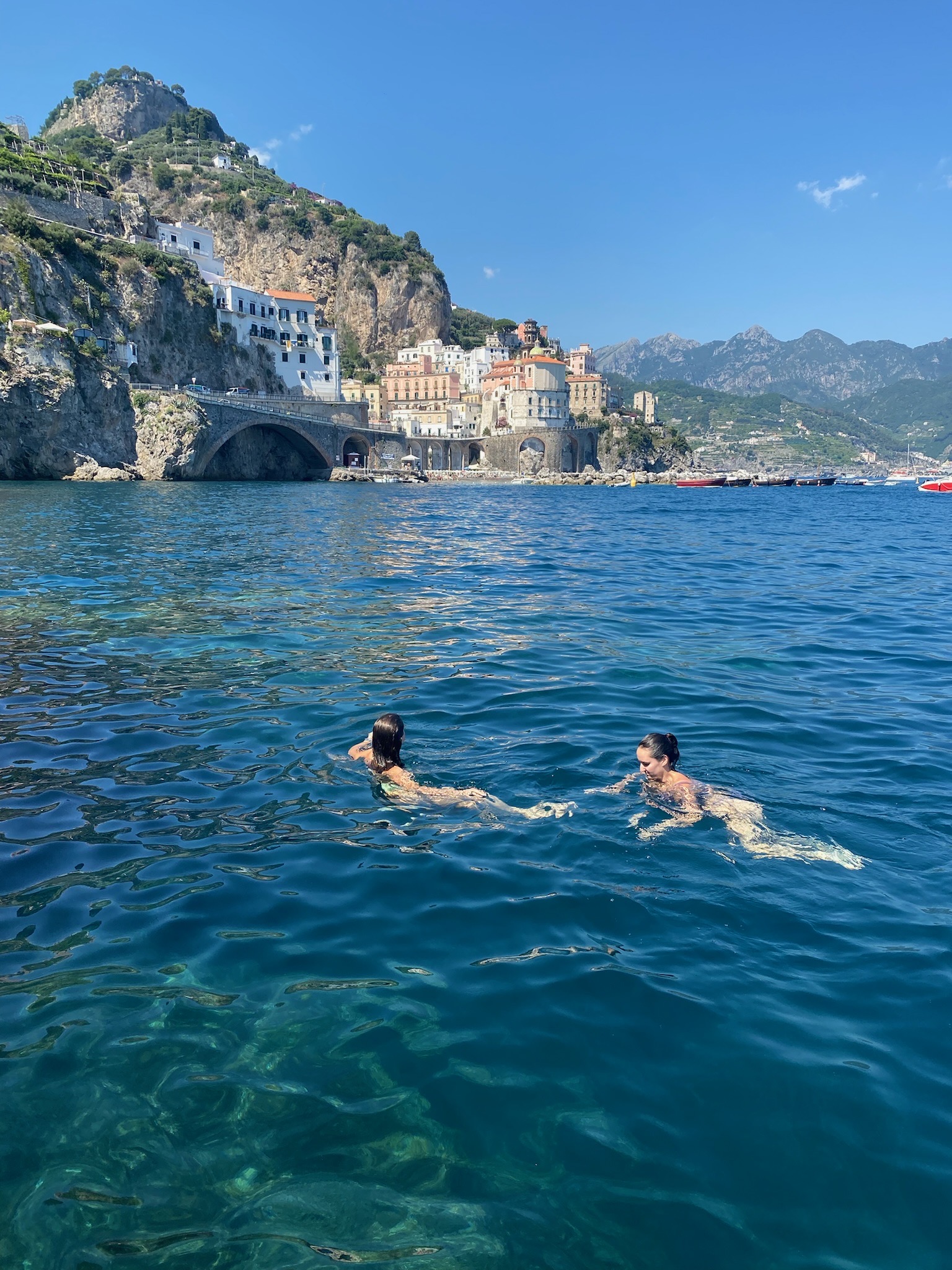 Swimming in a blue sea.