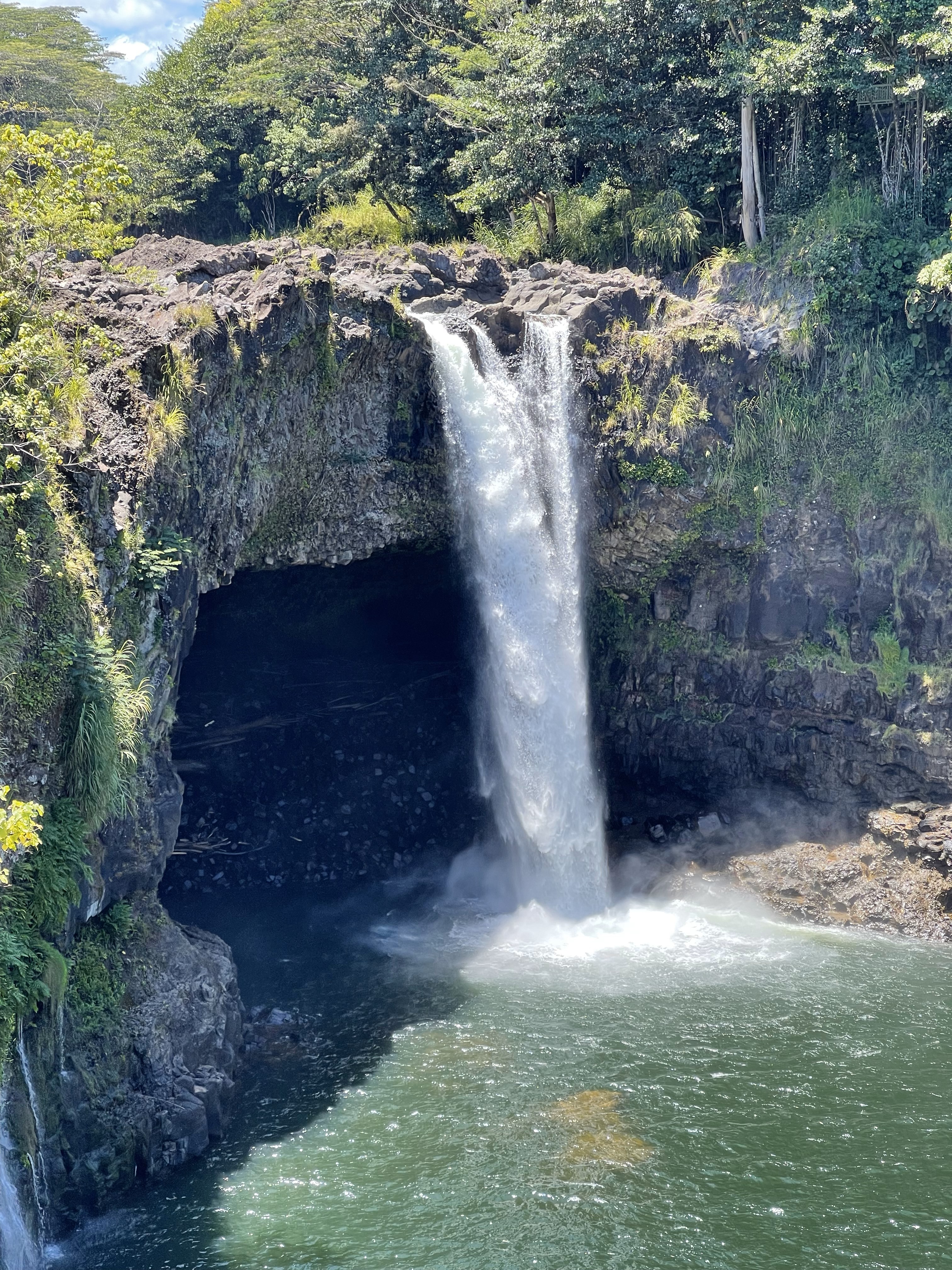 Waterfall pouring into a swimming hole surrounded by trees on a sunny day