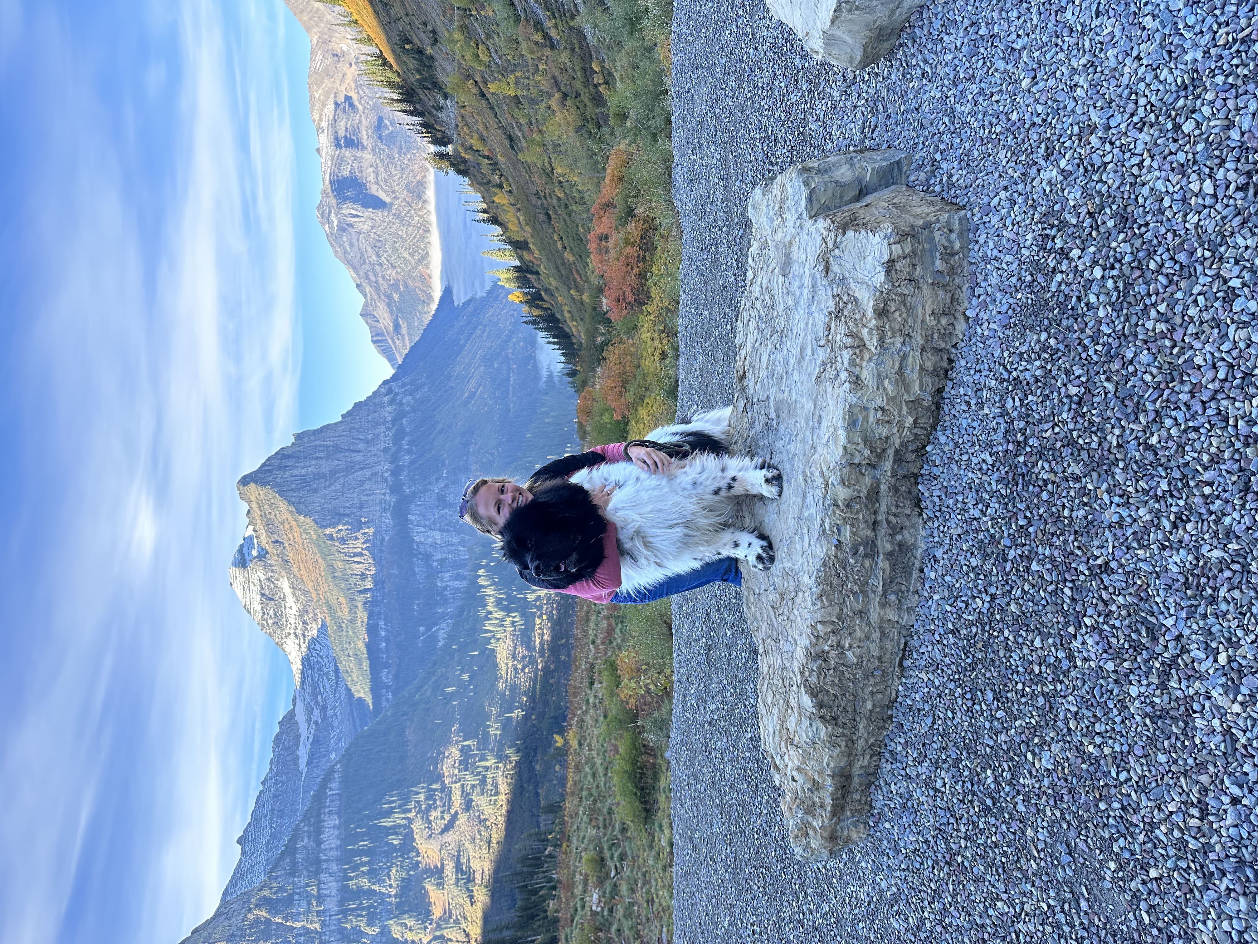 Advisor hugging a big fluffy black and white dog on a hike through a stunning mountain range