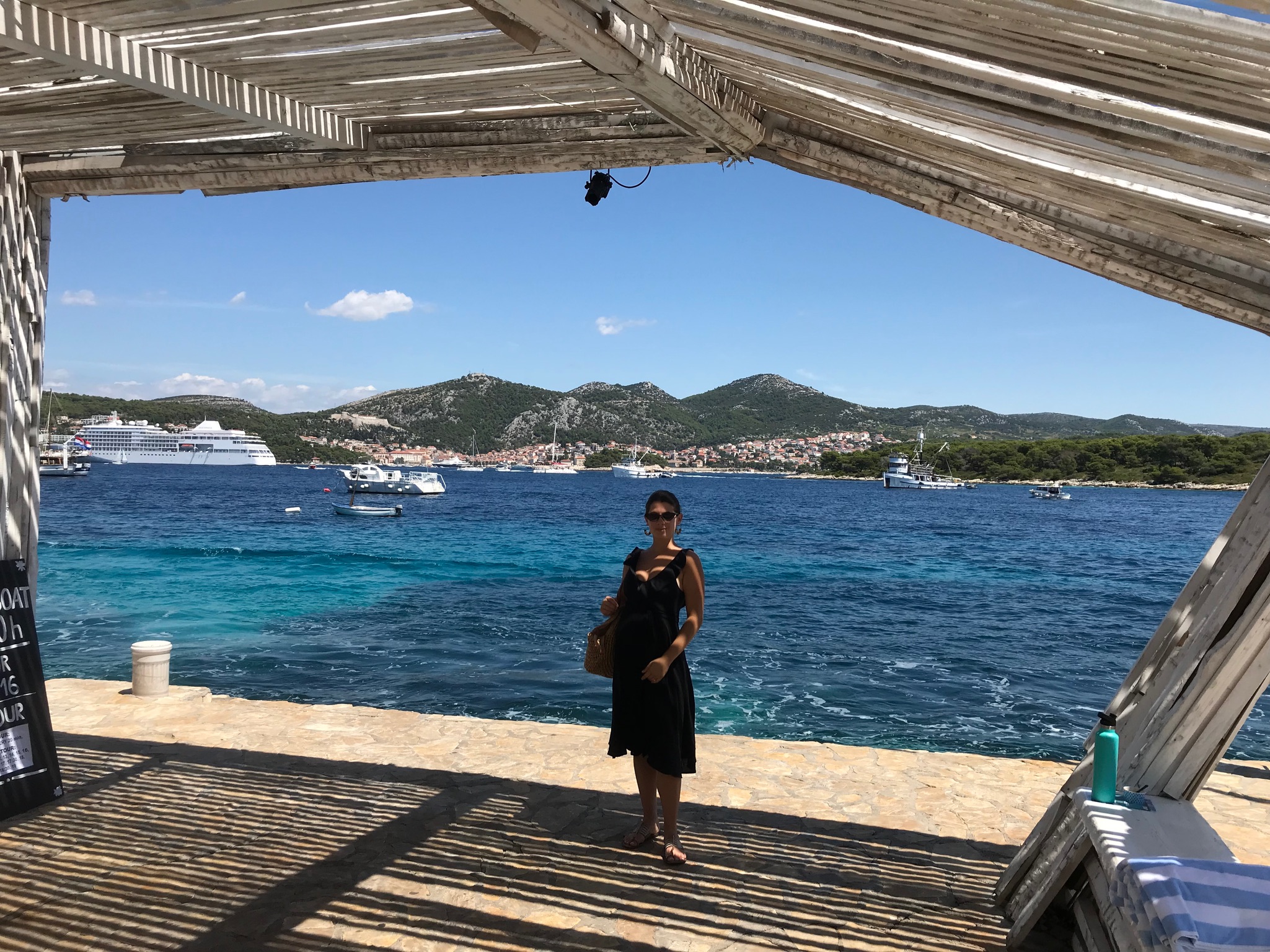 Advisor standing on a covered platform by the sea on a sunny day
