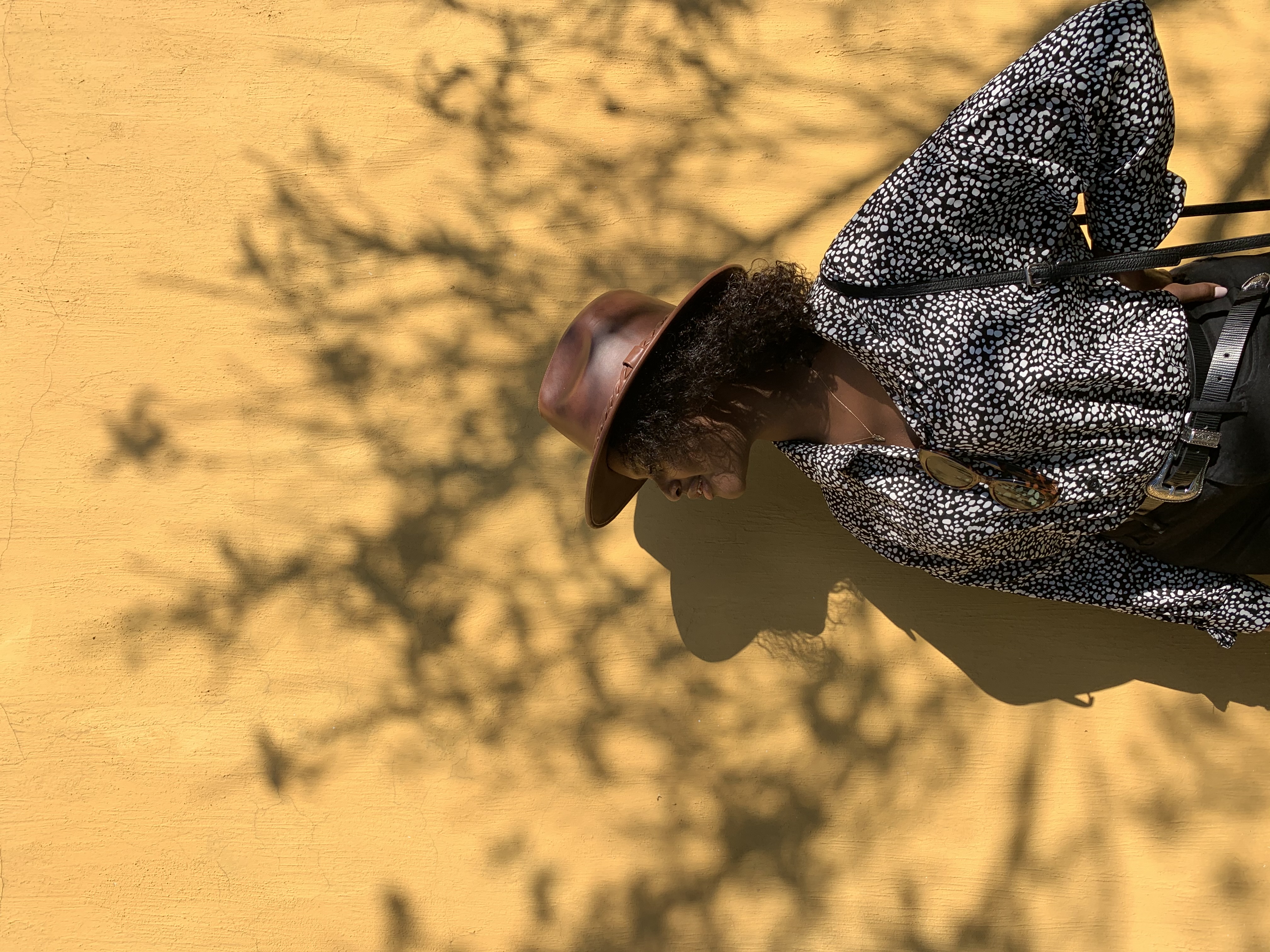 Advisor posing in silhouette against a bright yellow wall with the shadow of tree branches