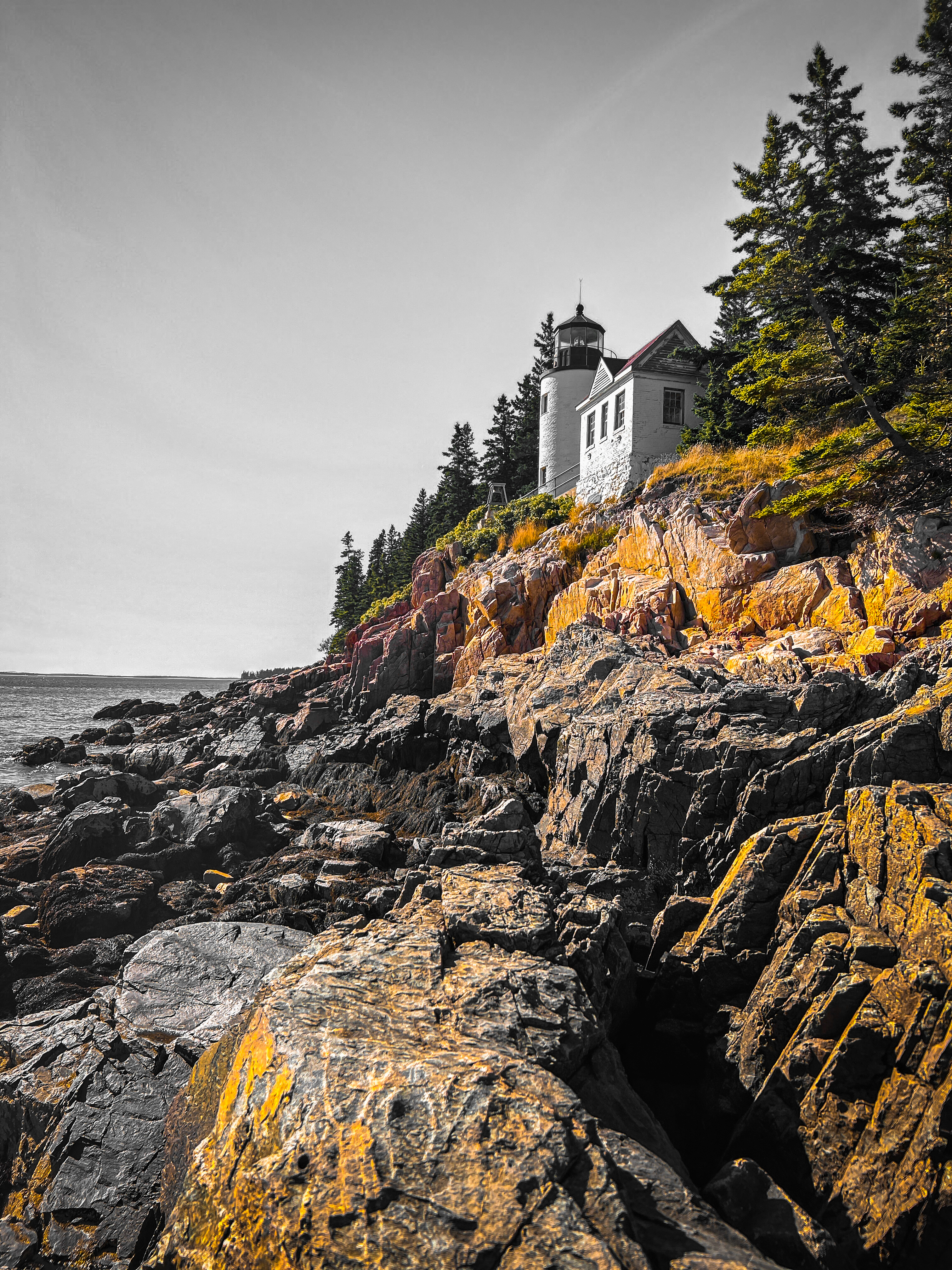 A view of a rocky cliffside covered in trees and a white house perched on top of the cliffs with the ocean below.