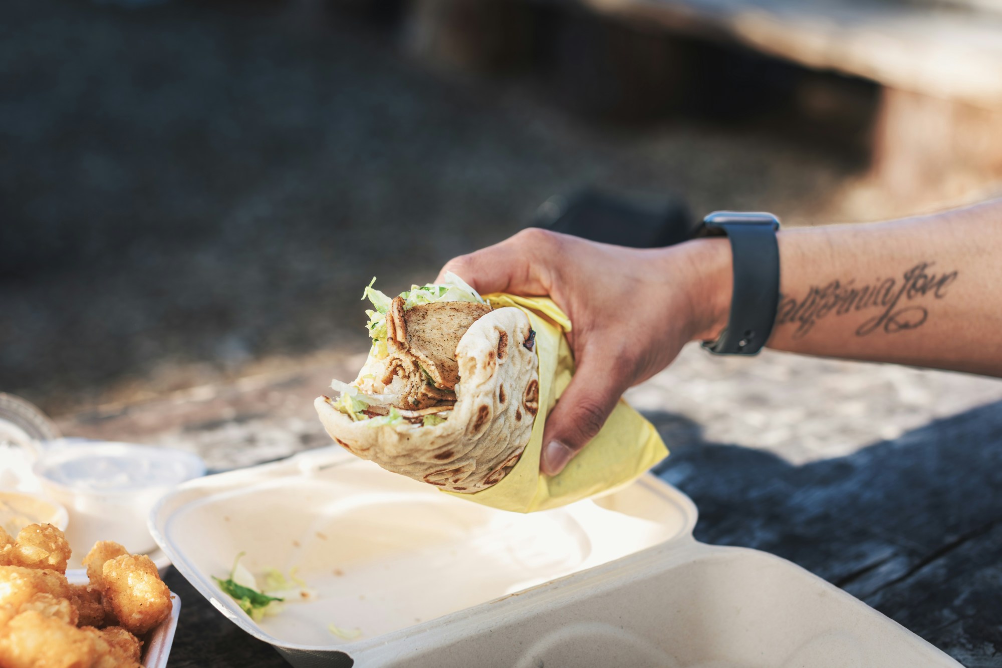 A person holding a pita on a sunny day.