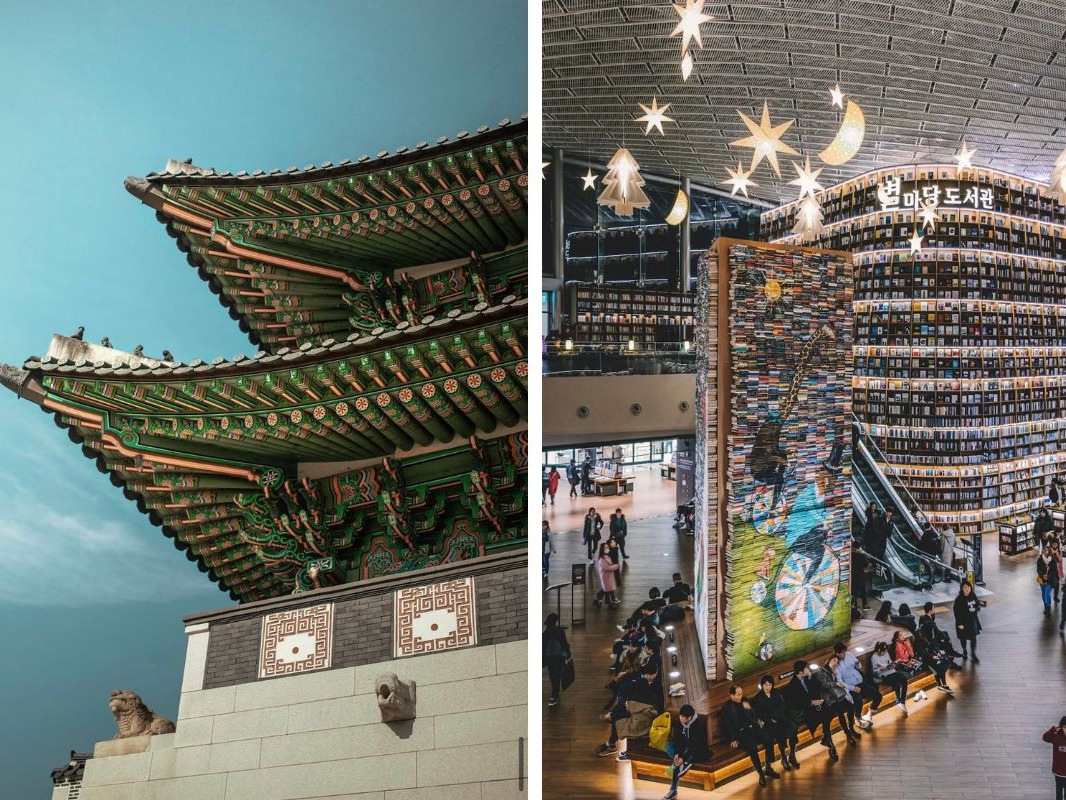 A close-up of traditional Korean roof architecture alongside a modern library interior with curved bookshelves and hanging decorations.