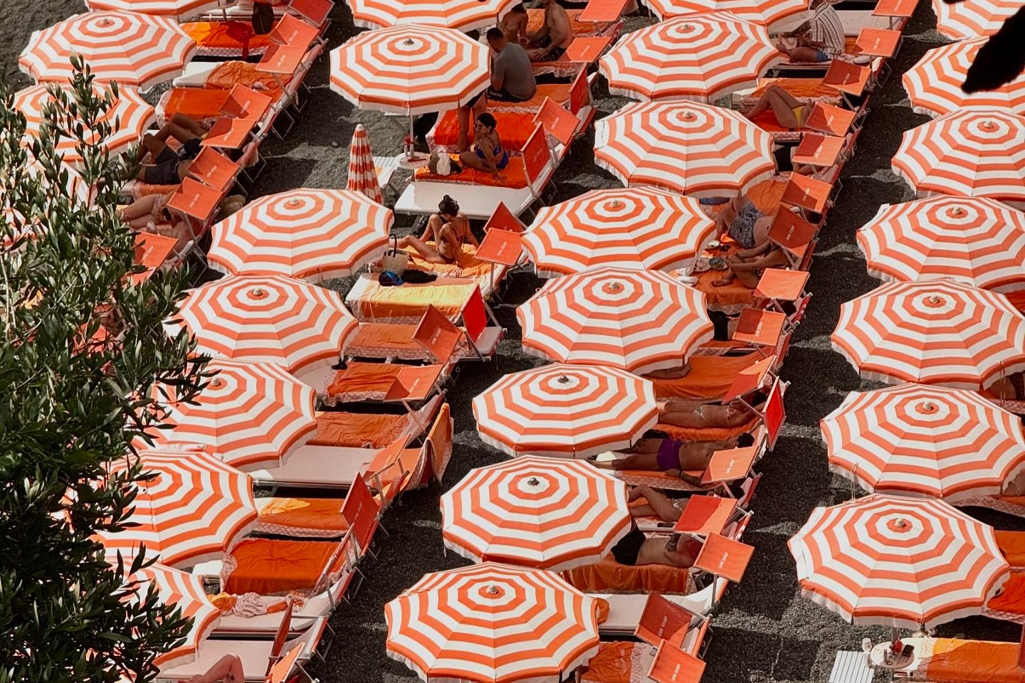 Overhead aerial view of orange sun beds under white and orange beach umbrellas