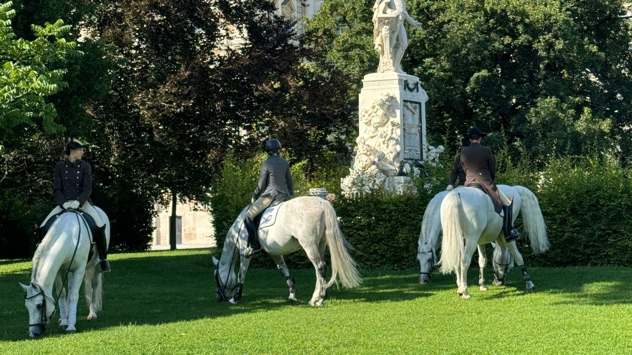 Four white horses with riders stood on a green lawn before a white statue.