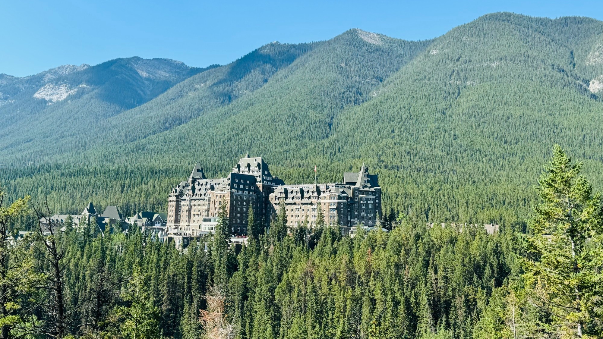 Grey hotel building among trees.