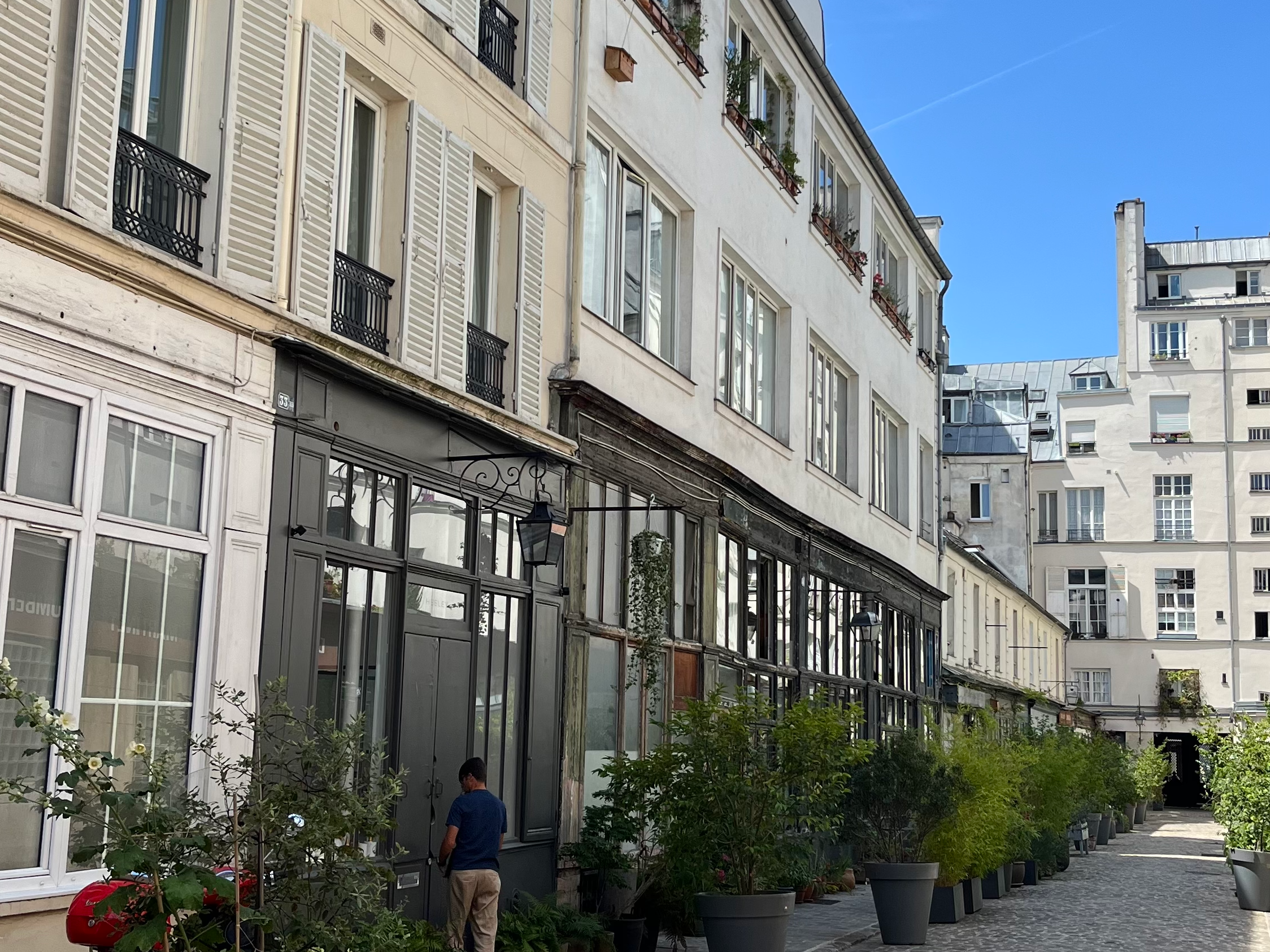 A cobblestone street lined with potted plants and traditional European buildings, with a person standing by the entrance of one building.
