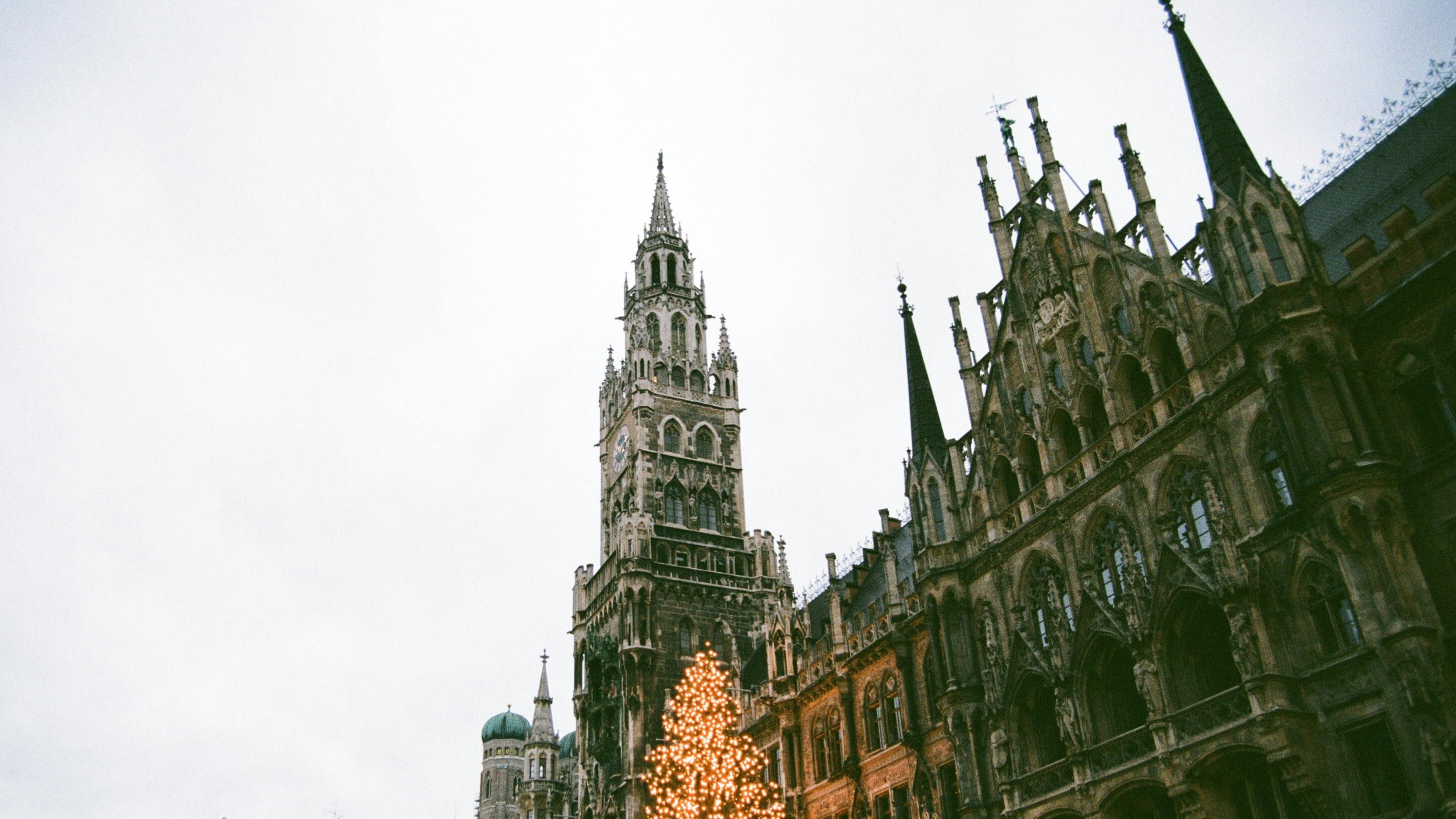 A view looking up a Gothic-style architecture.