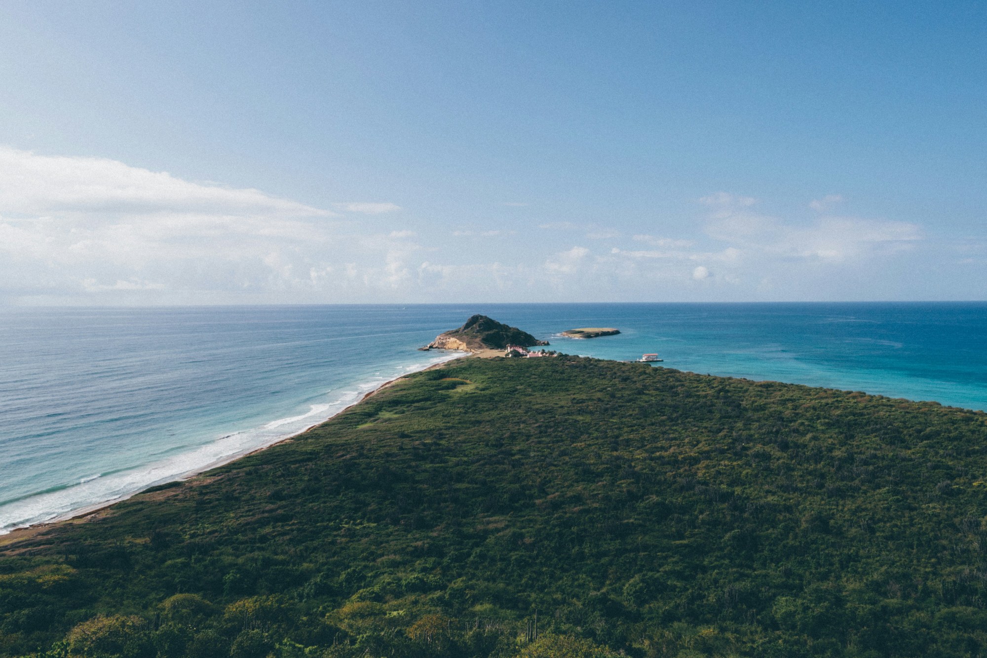 Green island with ocean view on a sunny day.